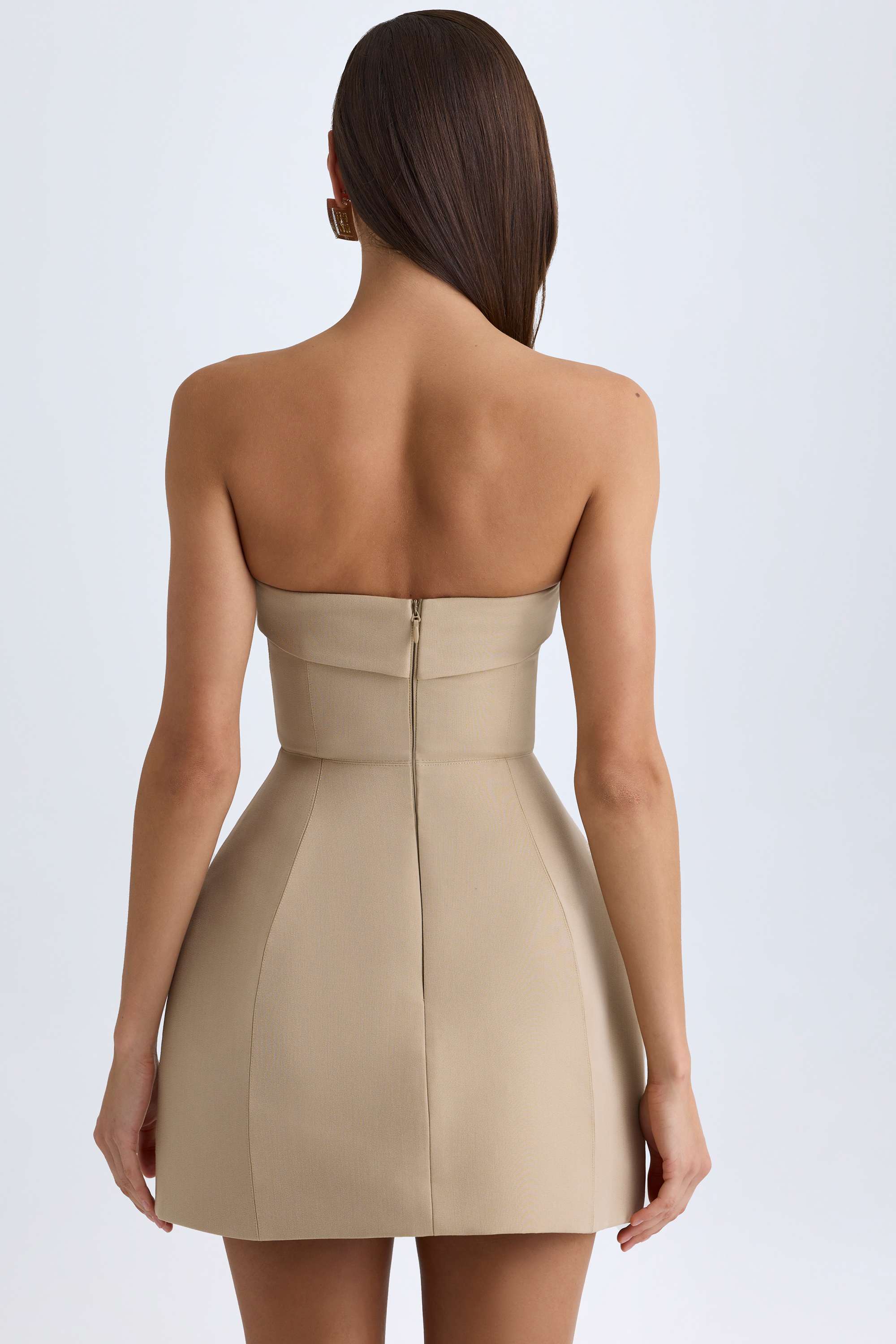 Talina-Foldover-Neck Structured Tulip Mini Dress in Camel