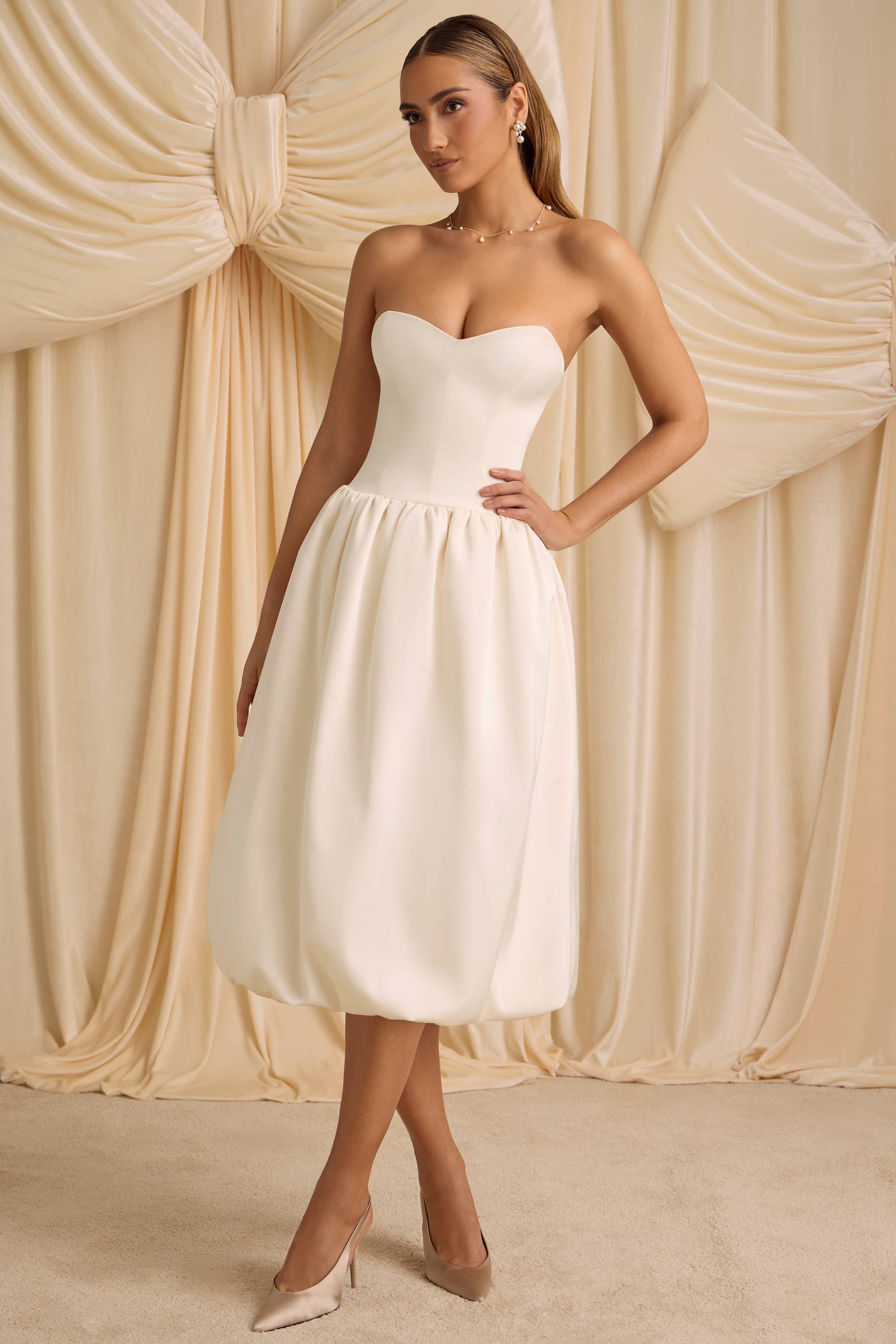 Gloriana-Convertible Bow-Detail Bubble Hem Midaxi Dress in Ivory