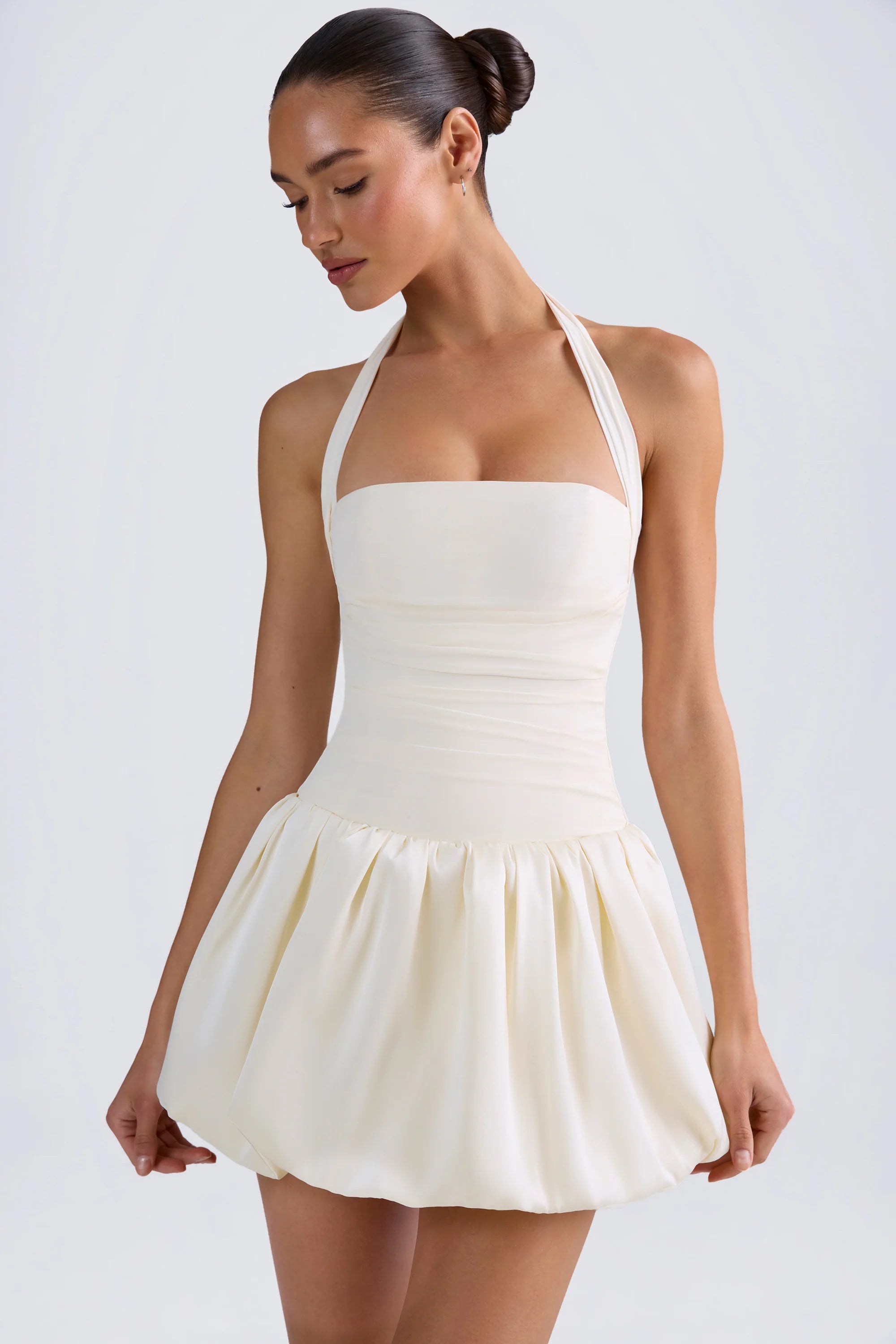 Ludmila-Halterneck Lace-Up Bubble Hem Corset Micro Mini Dress in Ivory
