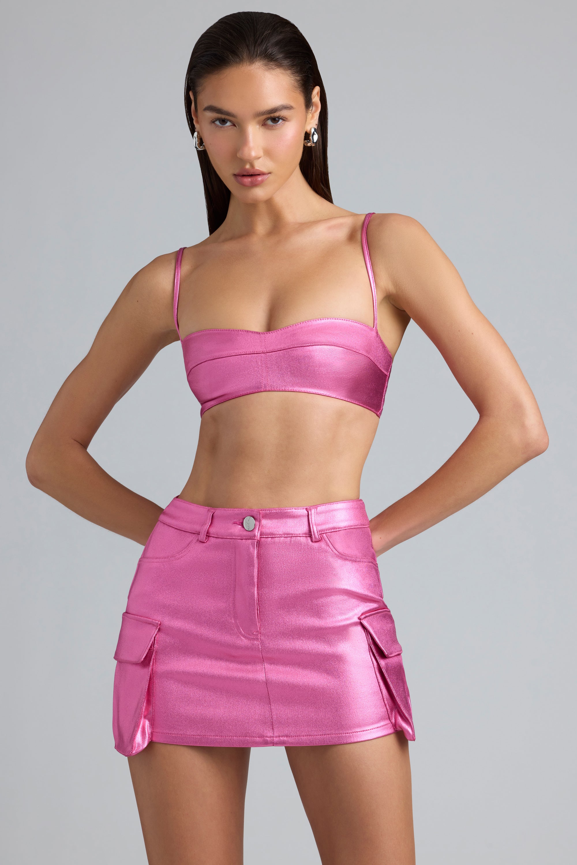 Jaimee-Metallic Denim Mid-Rise Cargo Mini Skirt in Deep Pink