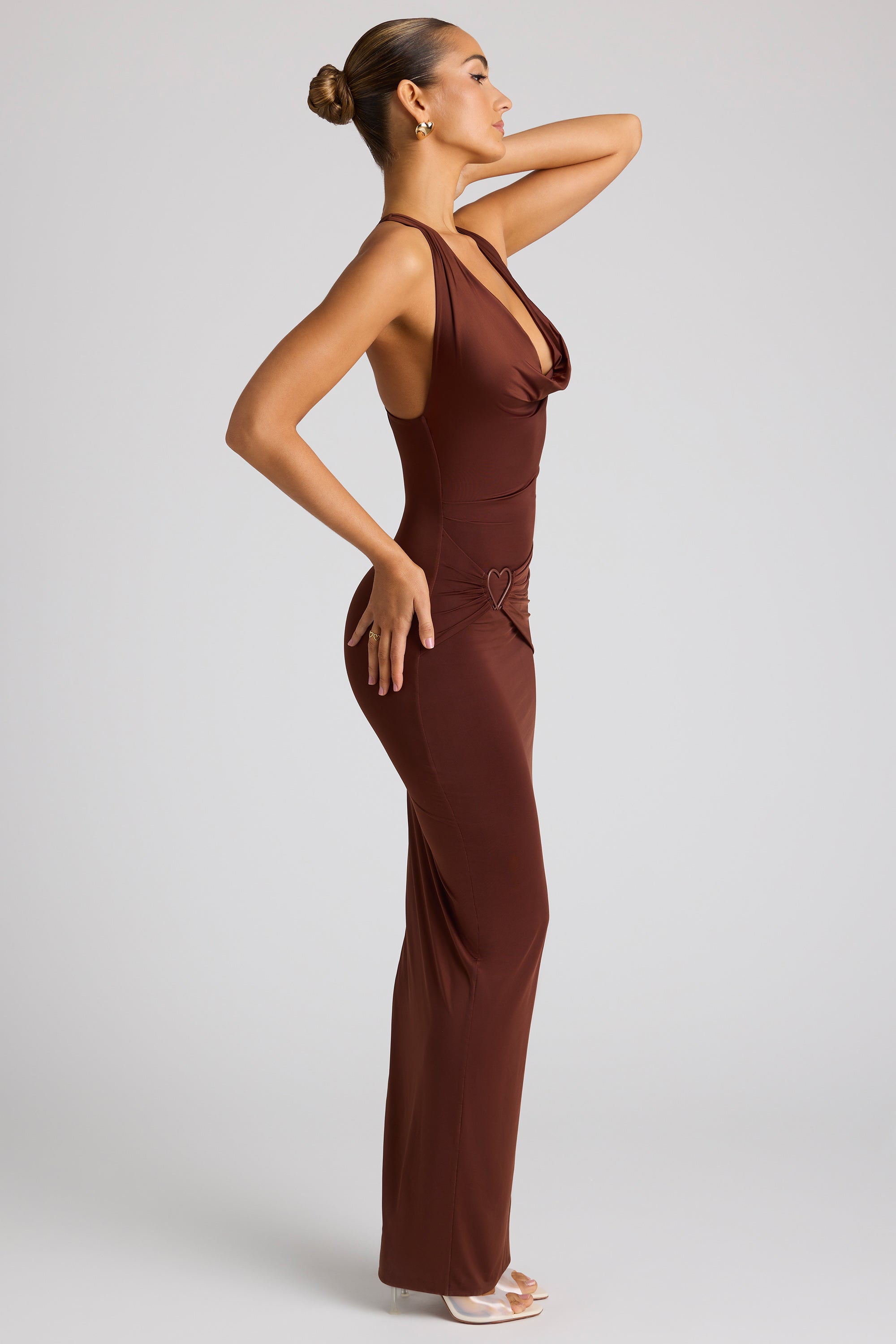 Ravenna-Multiwear Cowl Neck Wrap Over Evening Gown in Chocolate Brown