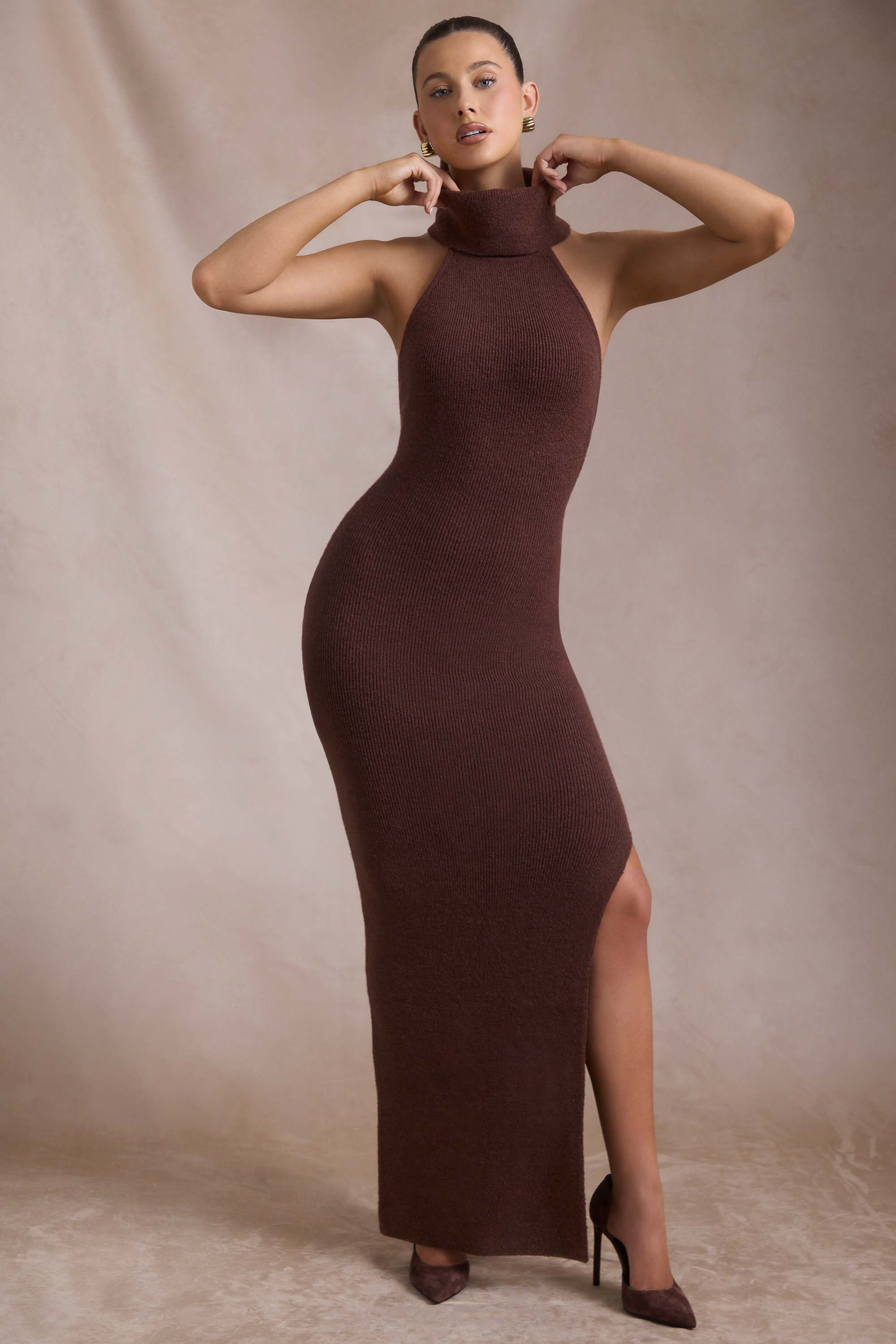 Calissa-Ribbed-Knit Turtleneck Backless Maxi Dress in Espresso