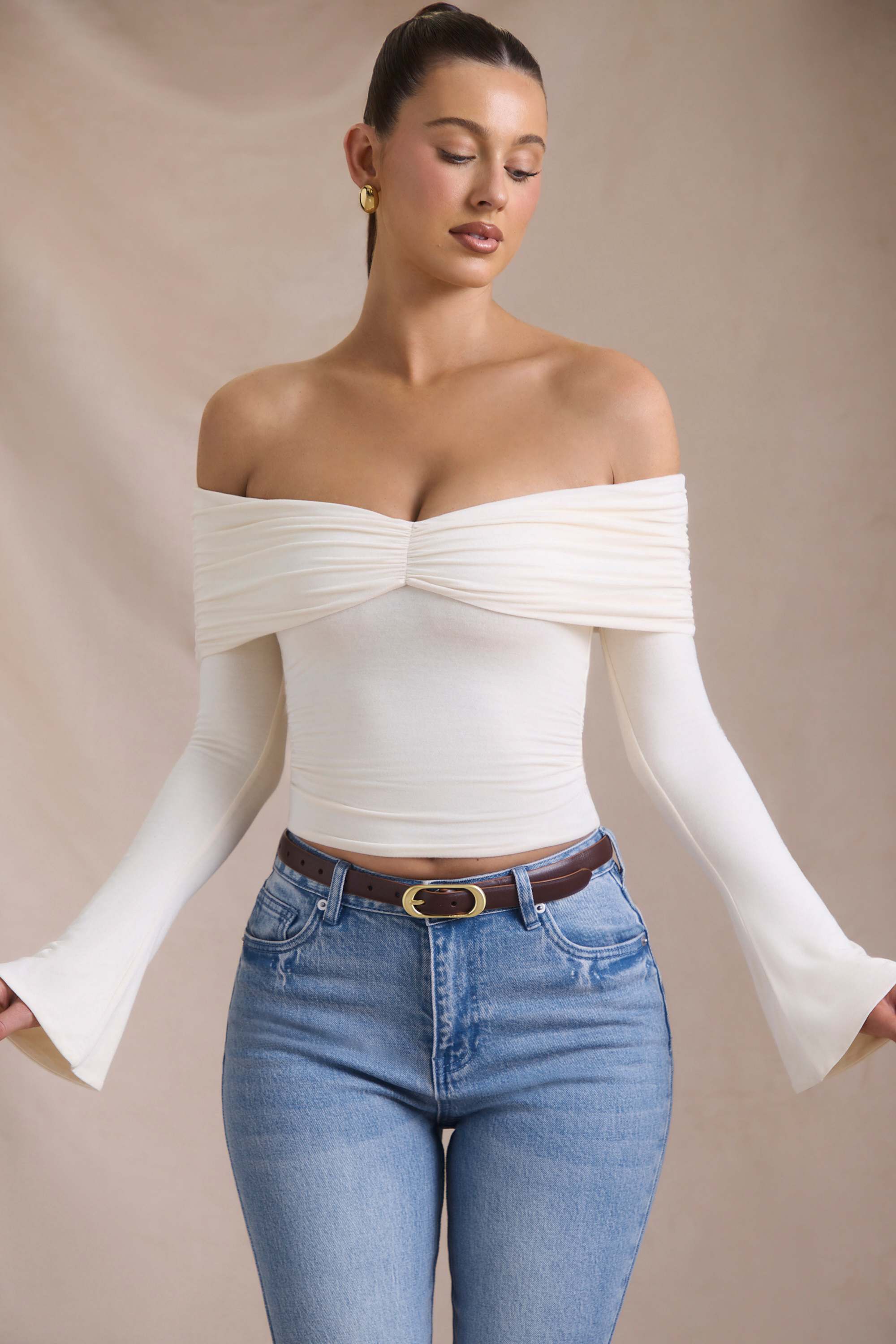Pavni-Modal-Cashmere Blend Off-Shoulder Ruched Top in Ivory