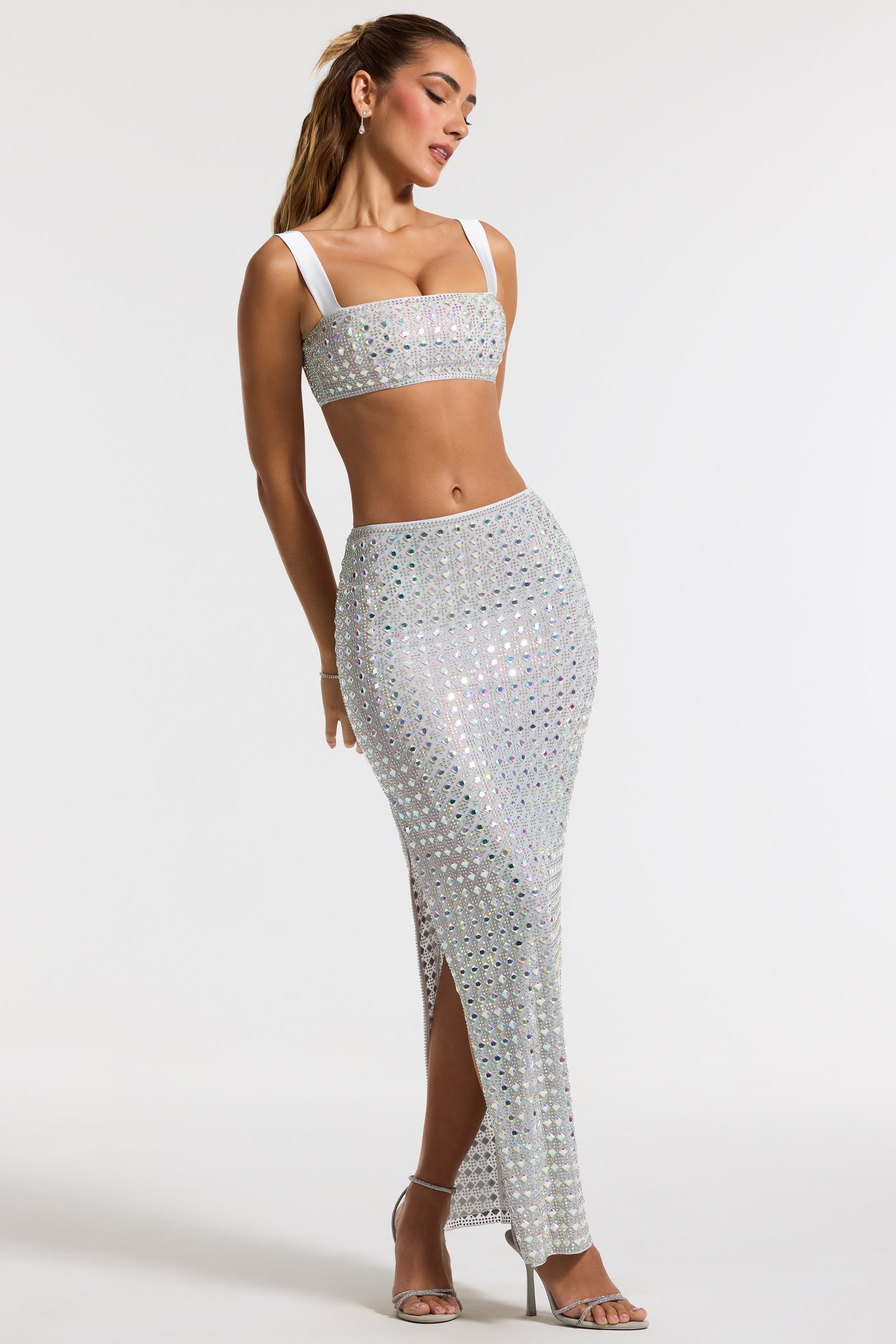 Siona-Embellished Mid Rise Gown Skirt in Silver