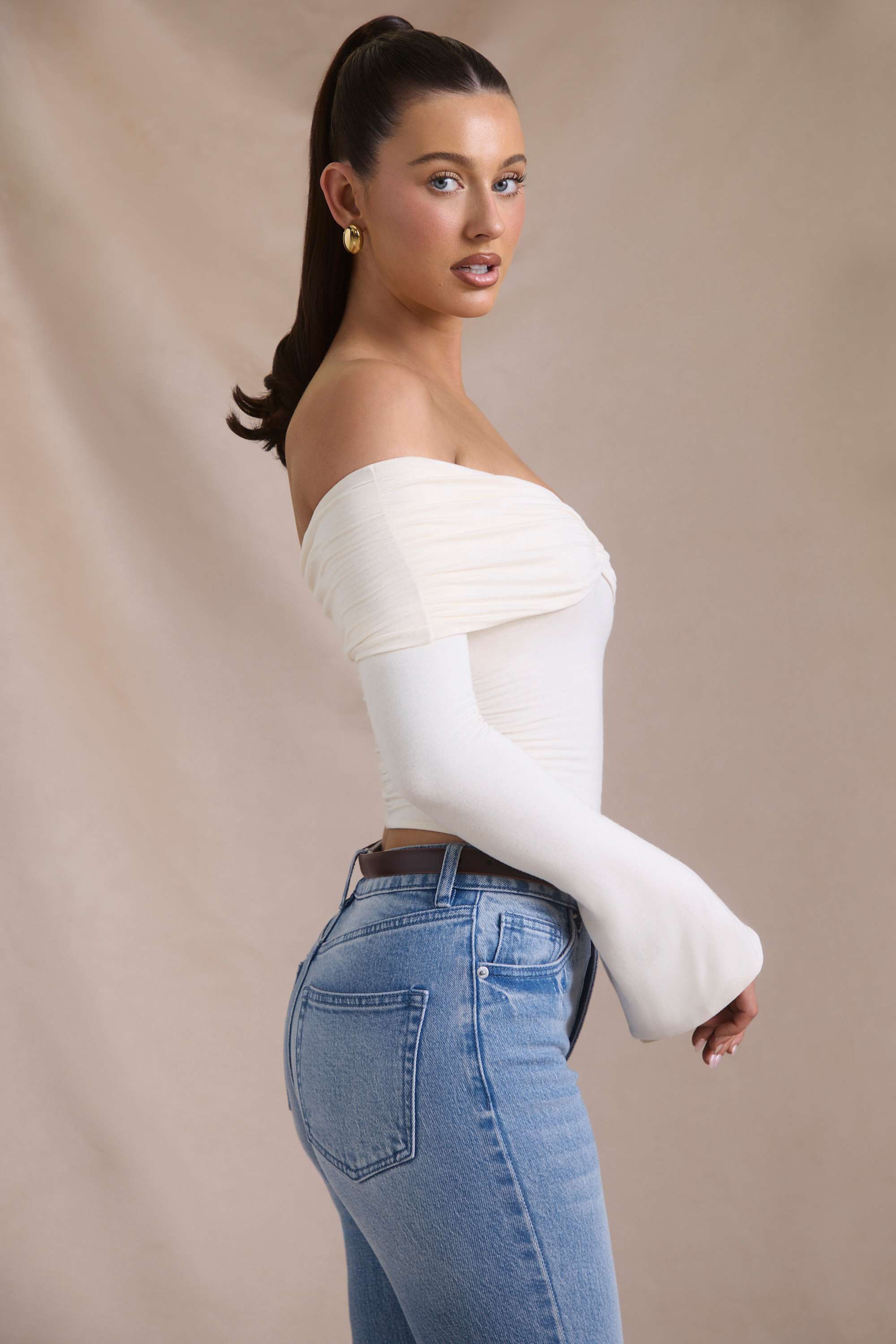 Pavni-Modal-Cashmere Blend Off-Shoulder Ruched Top in Ivory