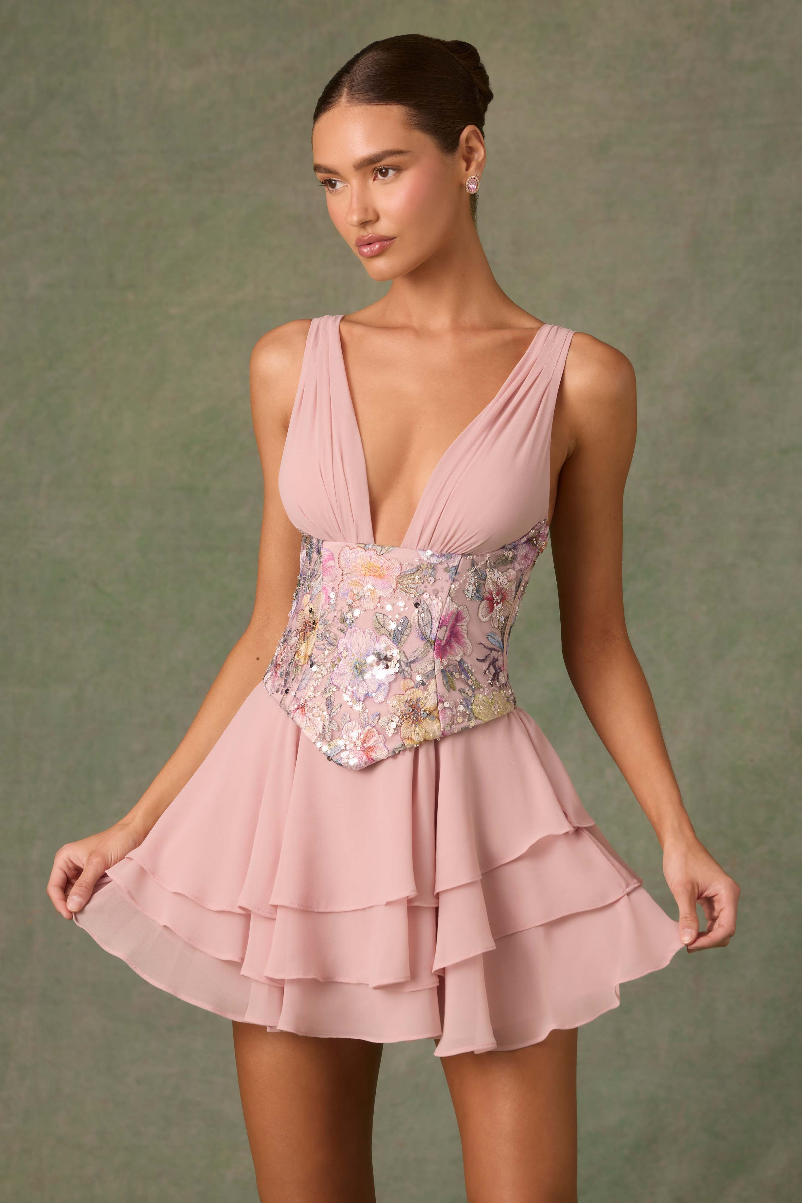 Sakura-Embellished Ruffled Corset Mini Dress in Floral Pink