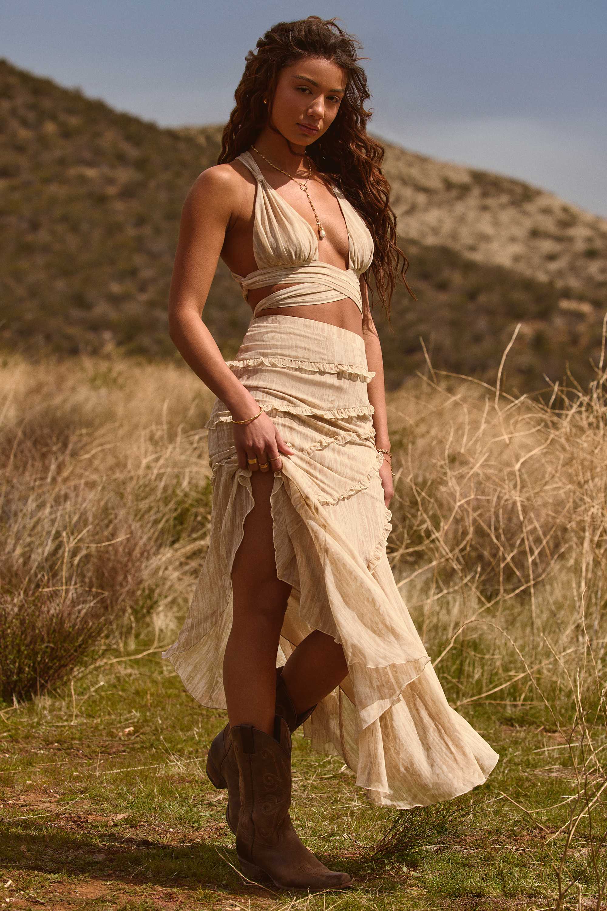 Novina-Ruffled Asymmetric Mid-Rise Maxi Skirt in Tan Print