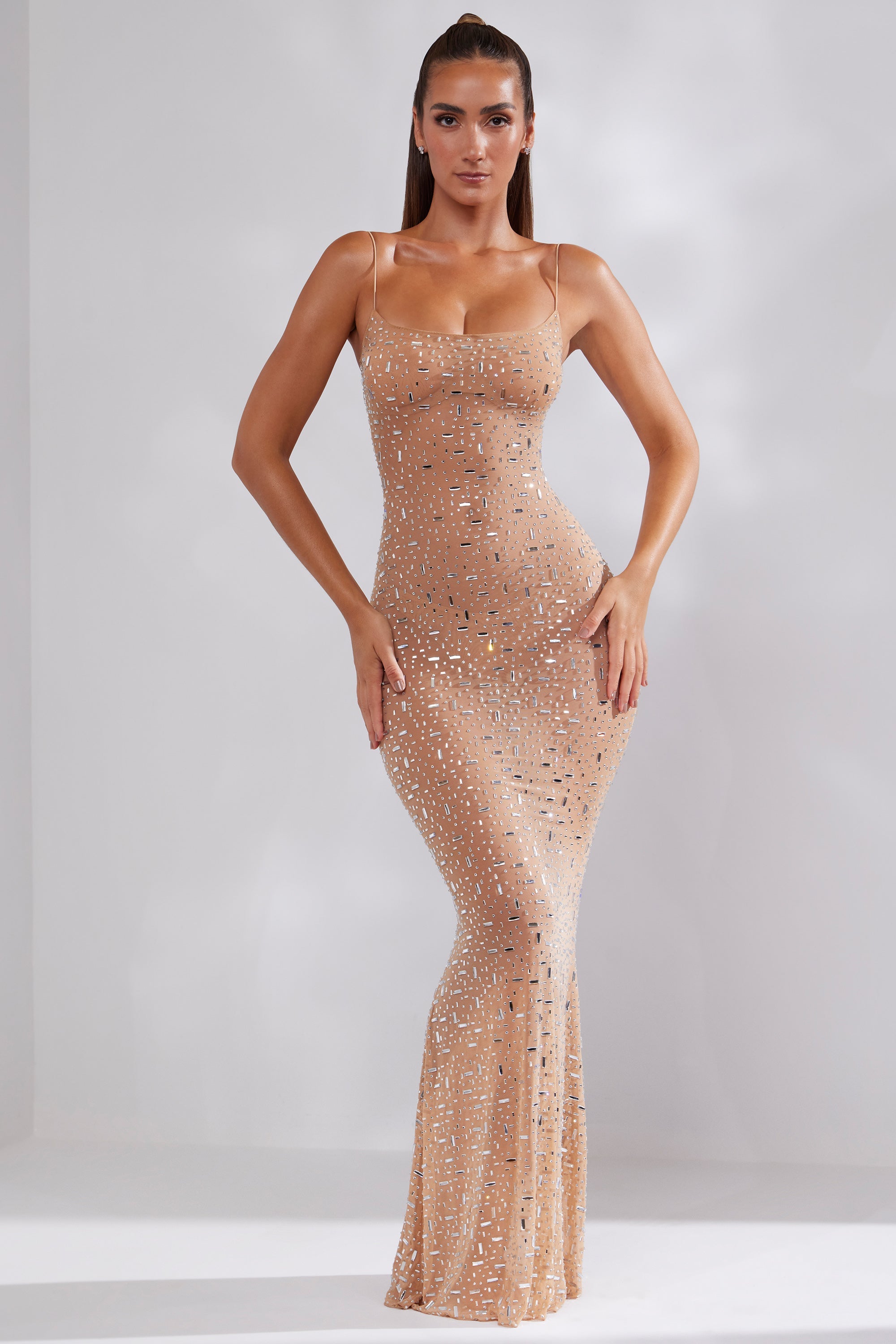 Antonella-Sheer Embellished Scoop Neck Evening Gown in Almond