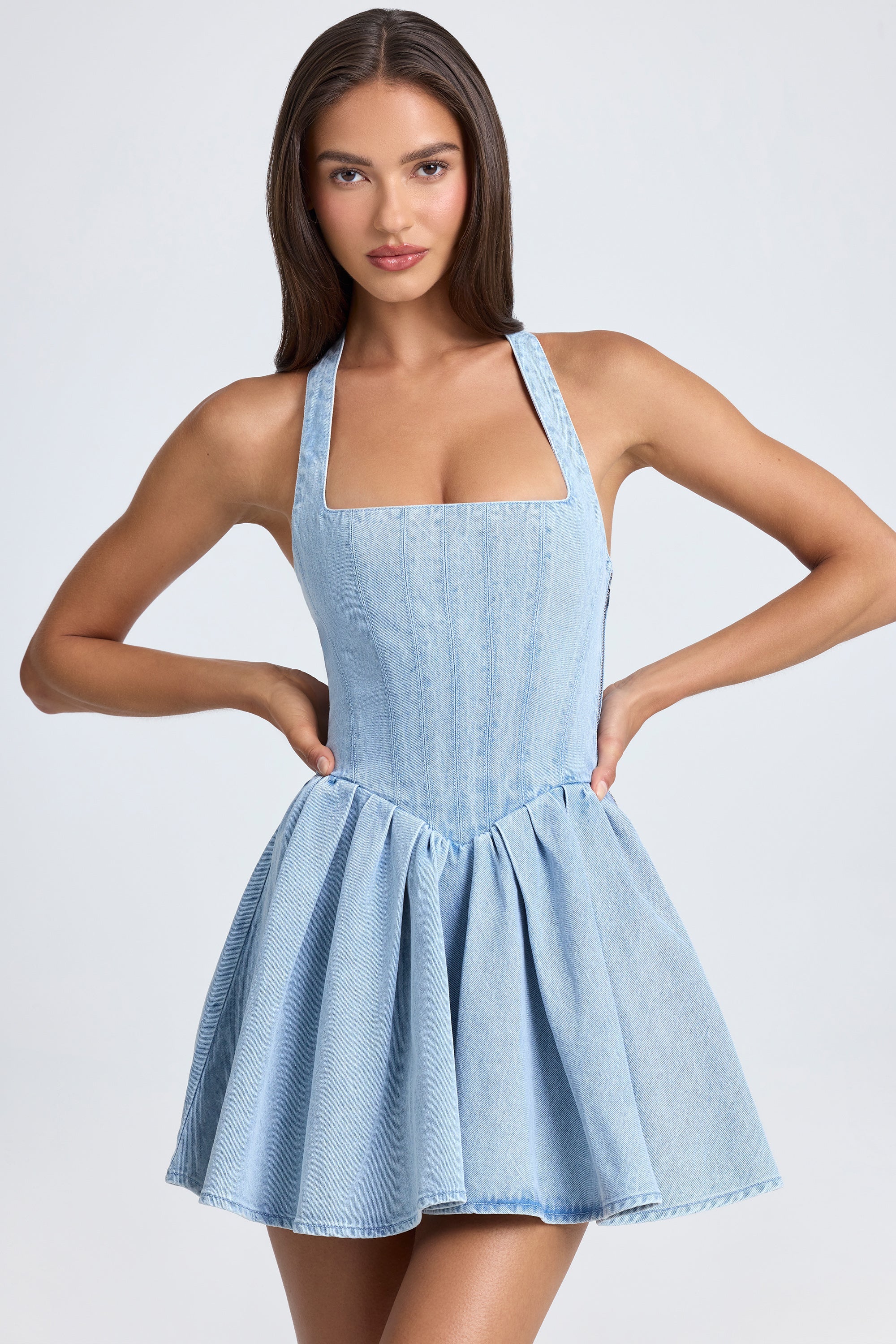 Darcey-Halterneck Corset Micro Mini Dress in Light Blue Stonewash