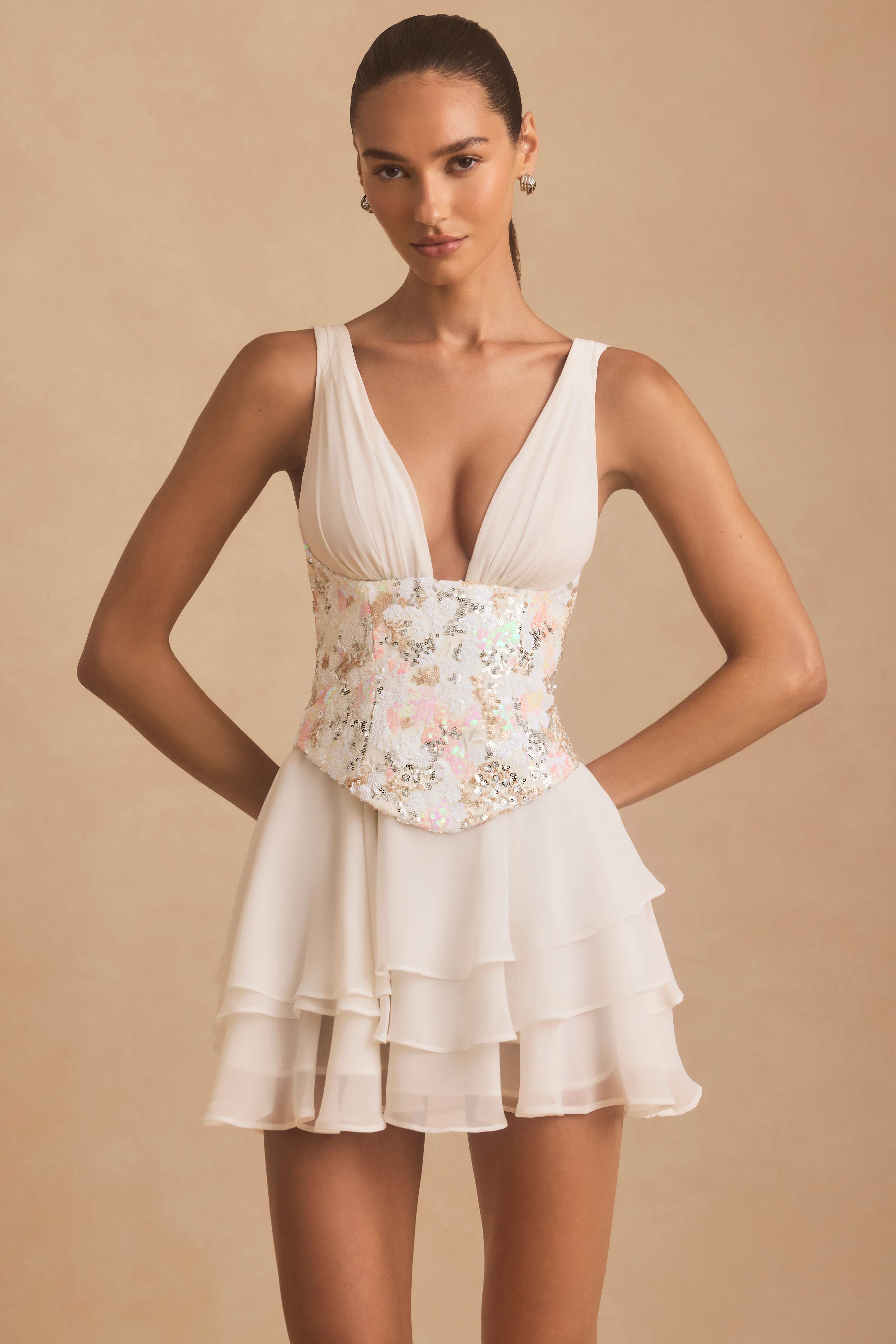 Sakura-Embellished Ruffled Corset Mini Dress in Ivory