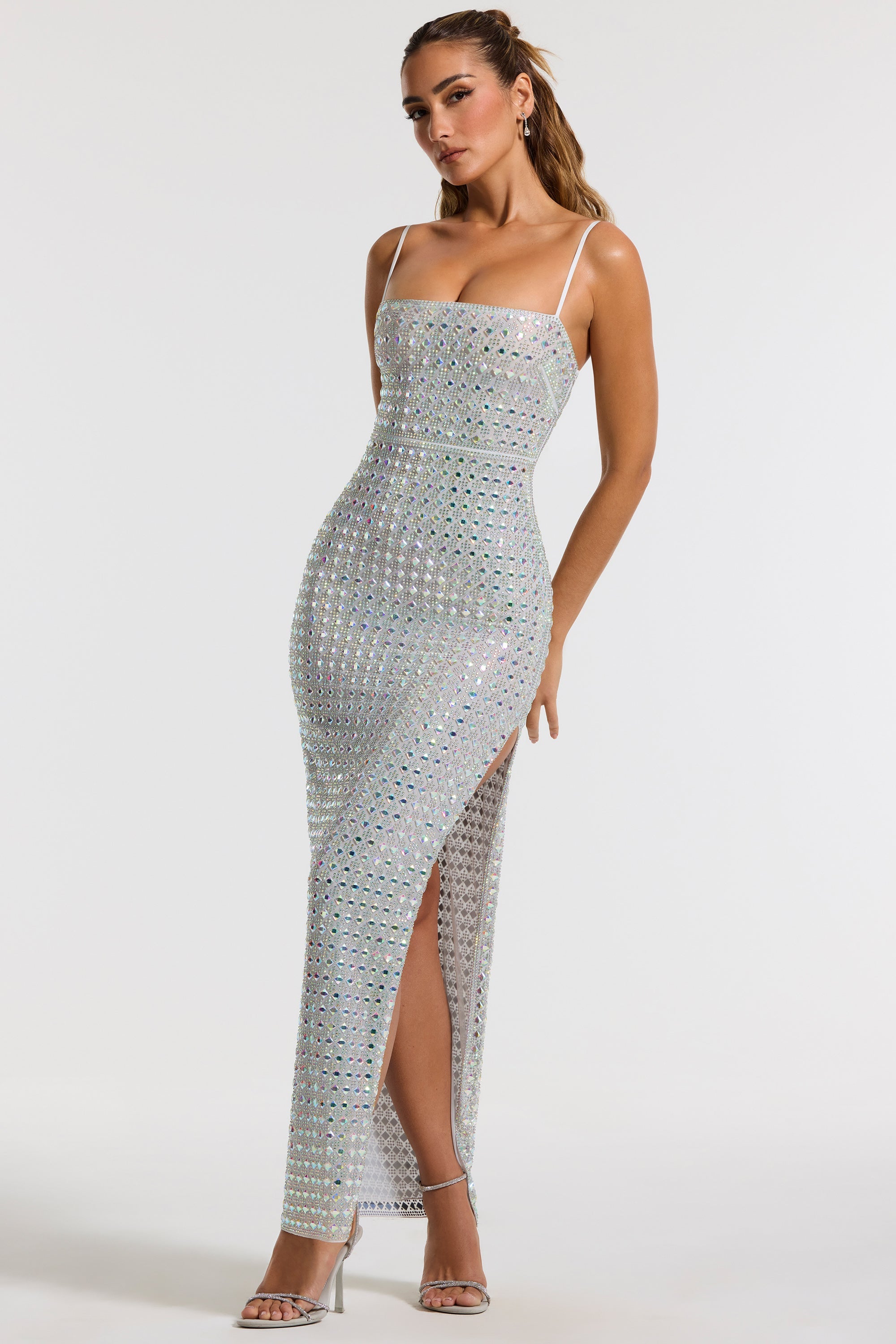 Prisha-Embellished Square Neck Evening Gown in Silver