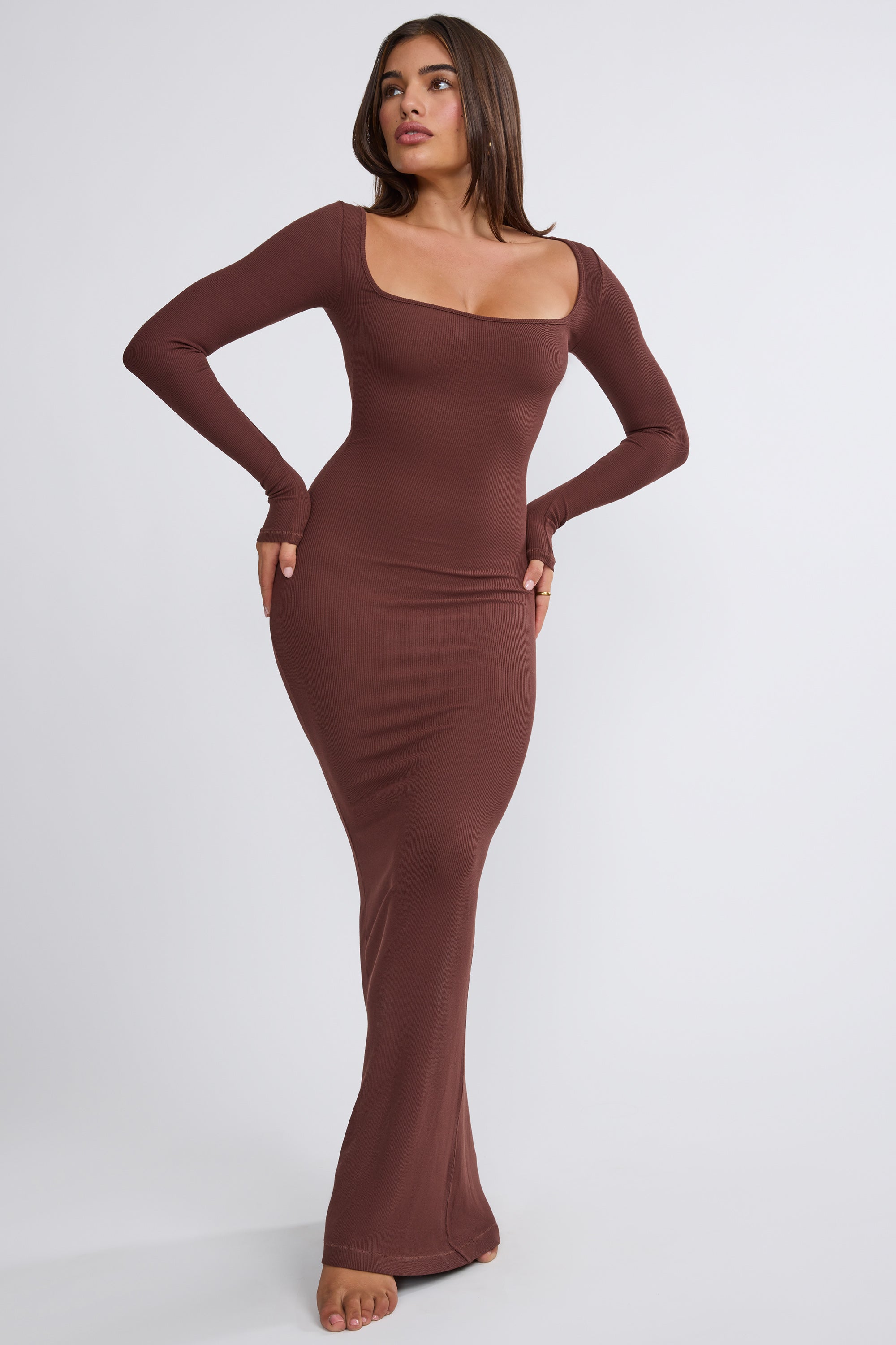 Jude-Ribbed Modal Long Sleeve Maxi Dress in Chocolate