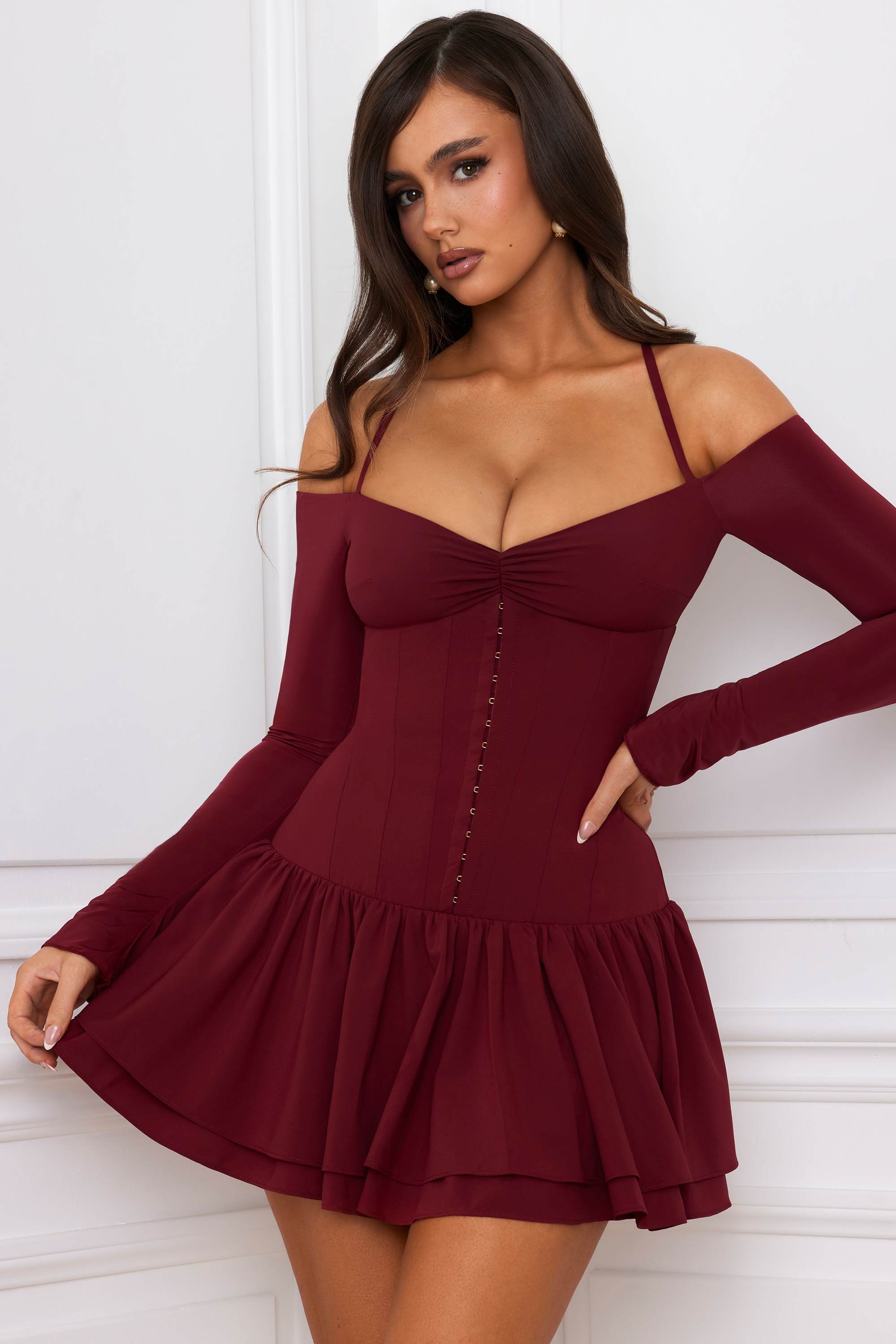 Maren-Off-Shoulder Tiered Corset Mini Dress in Berry Red