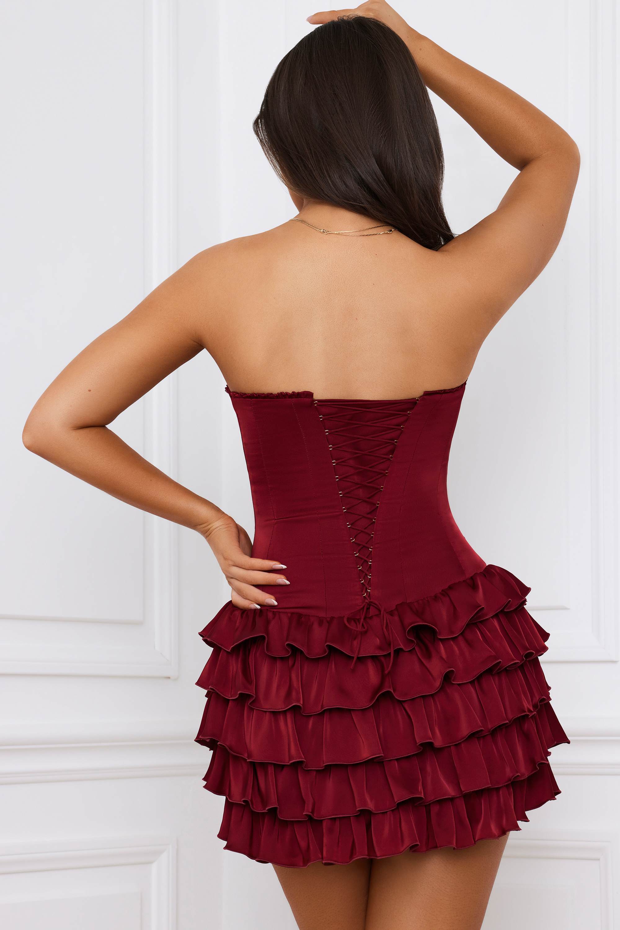 Juliet-Bandeau Ruffled Tiered Corset Mini Dress in Berry Red
