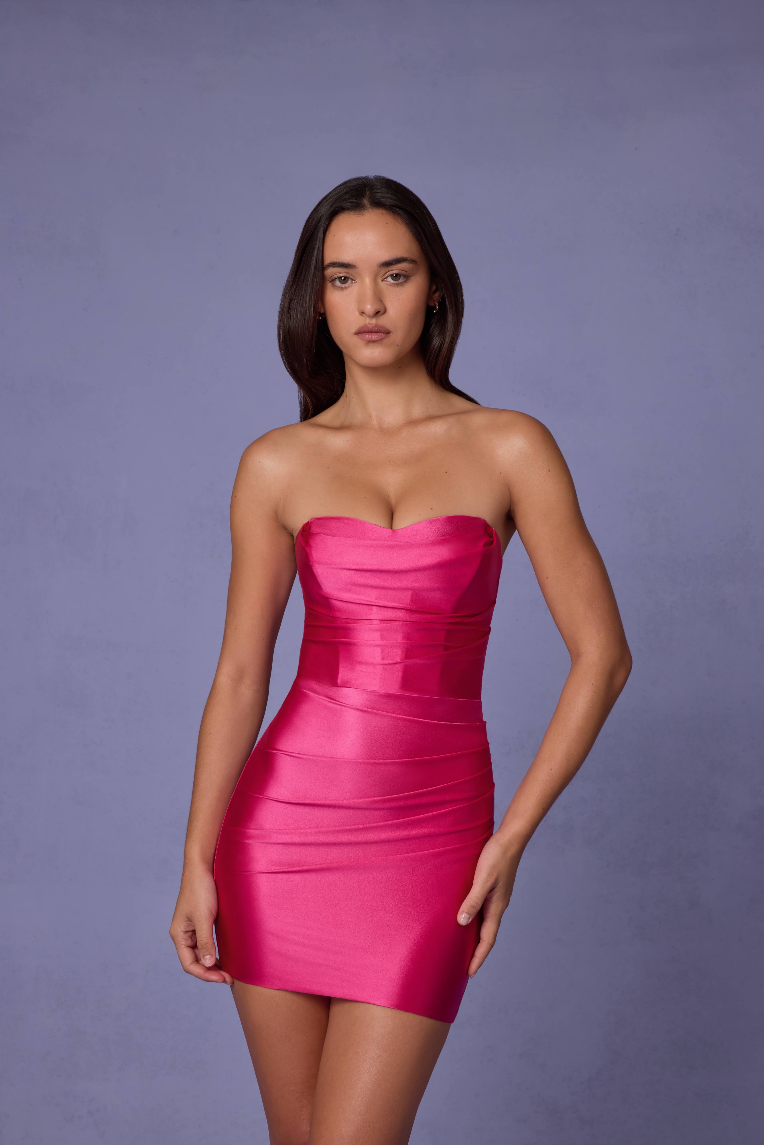Yesenia-Ruched Bandeau Mini Dress in Hot Pink