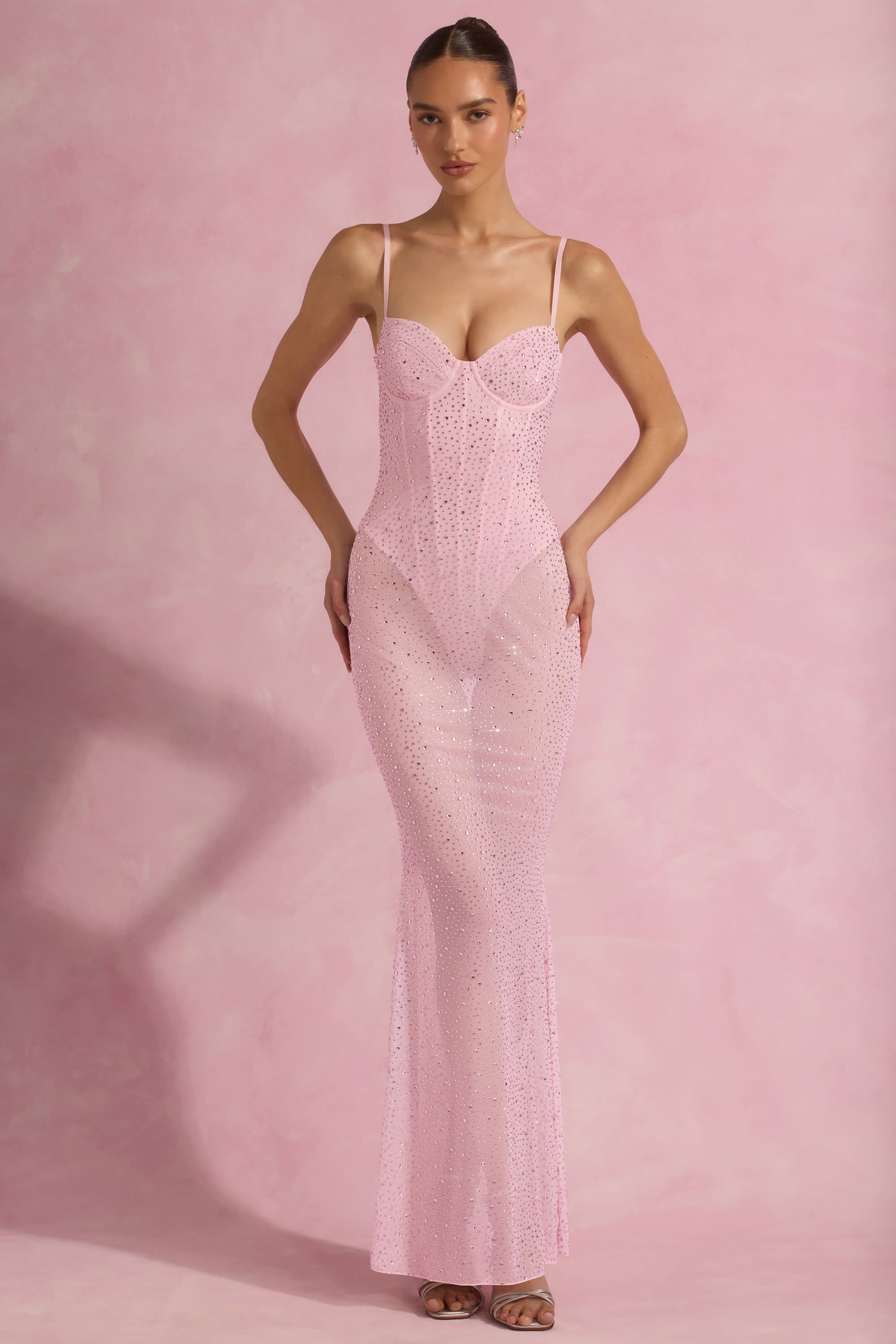 Alara-Semi-Sheer Embellished Corset Gown in Pink
