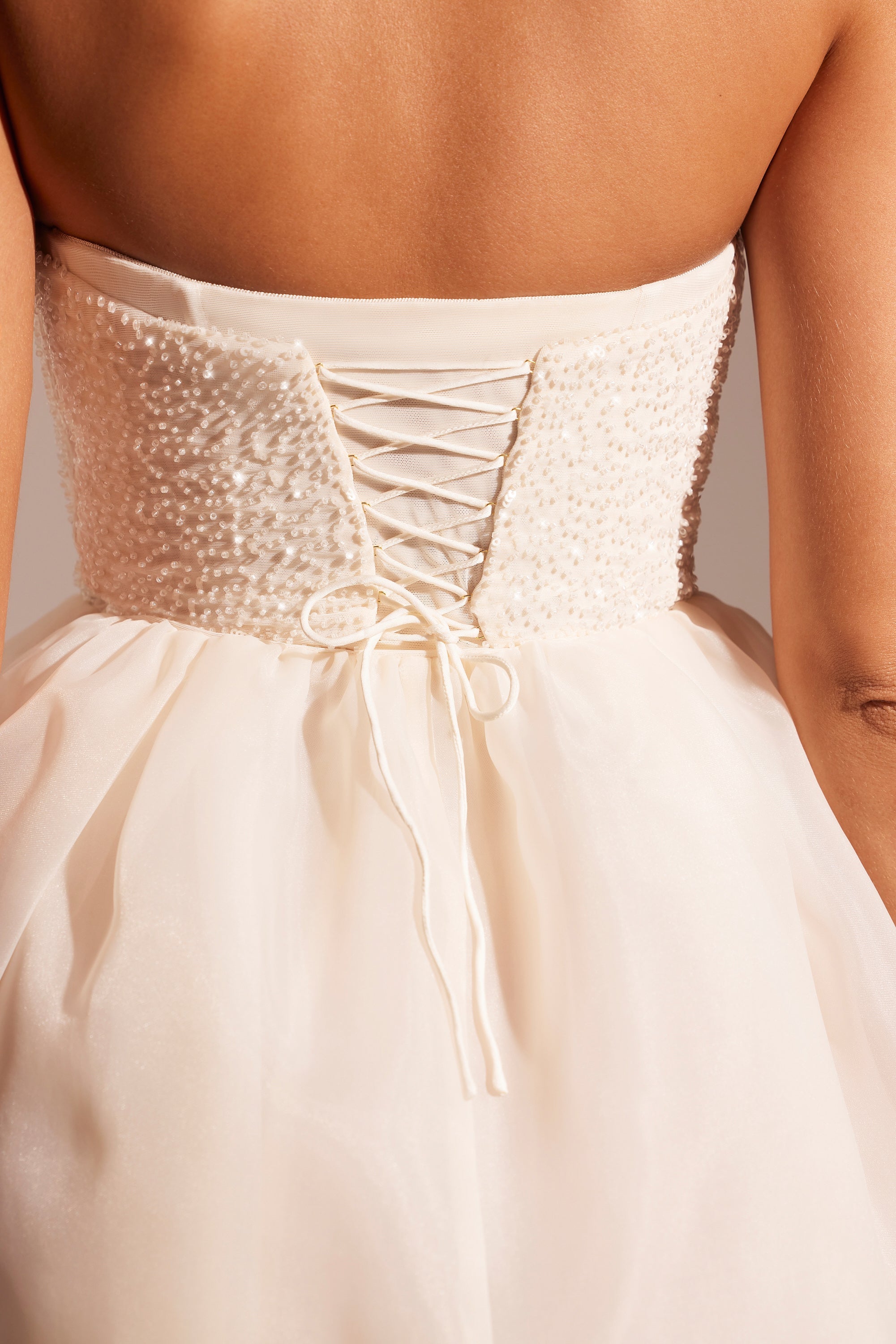 Rosette-Embellished Corset Tulle Skirt Midi Dress in Ivory