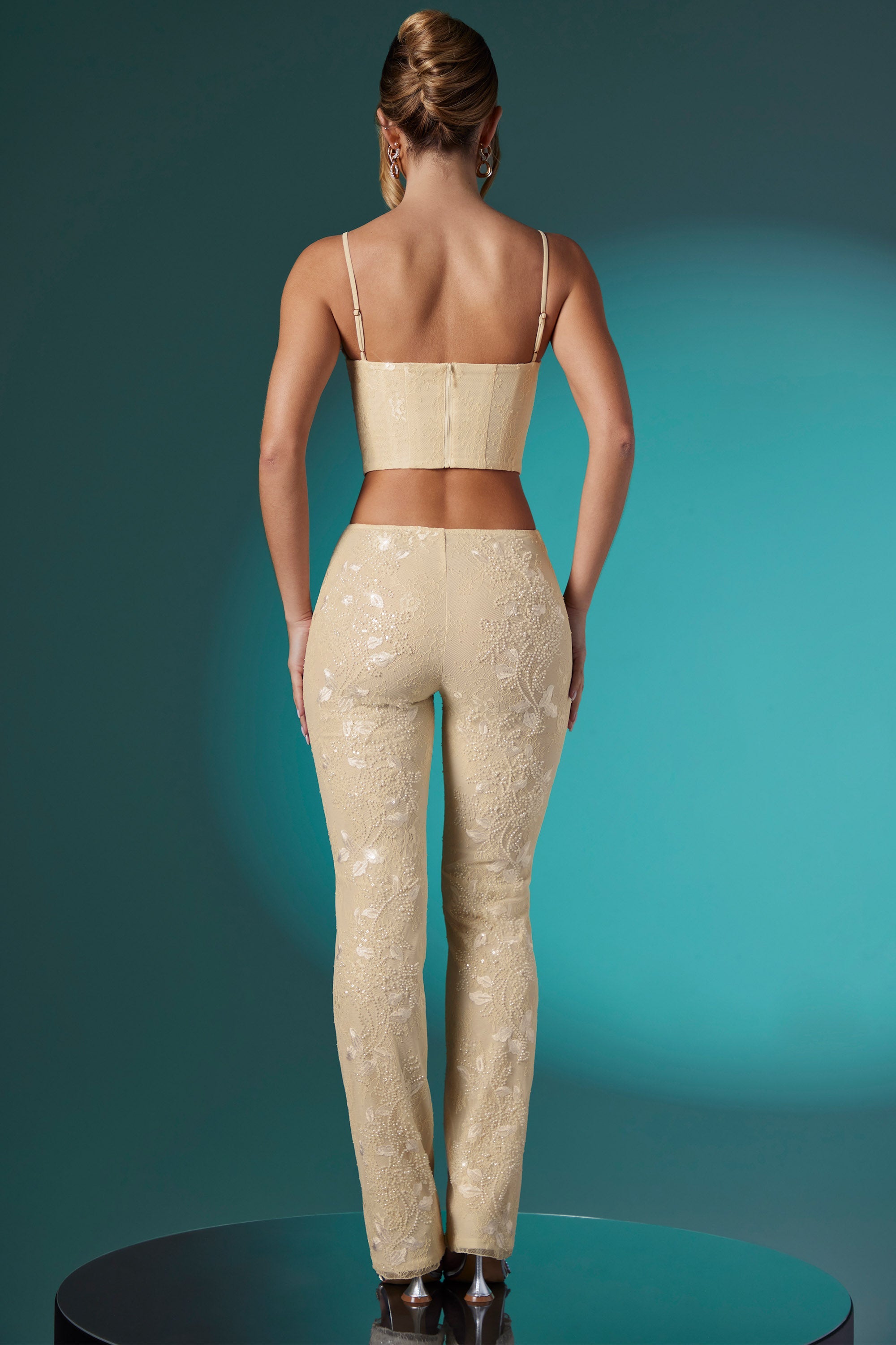 Fallon-Petite Embellished Lace Low Rise Trousers in Ivory