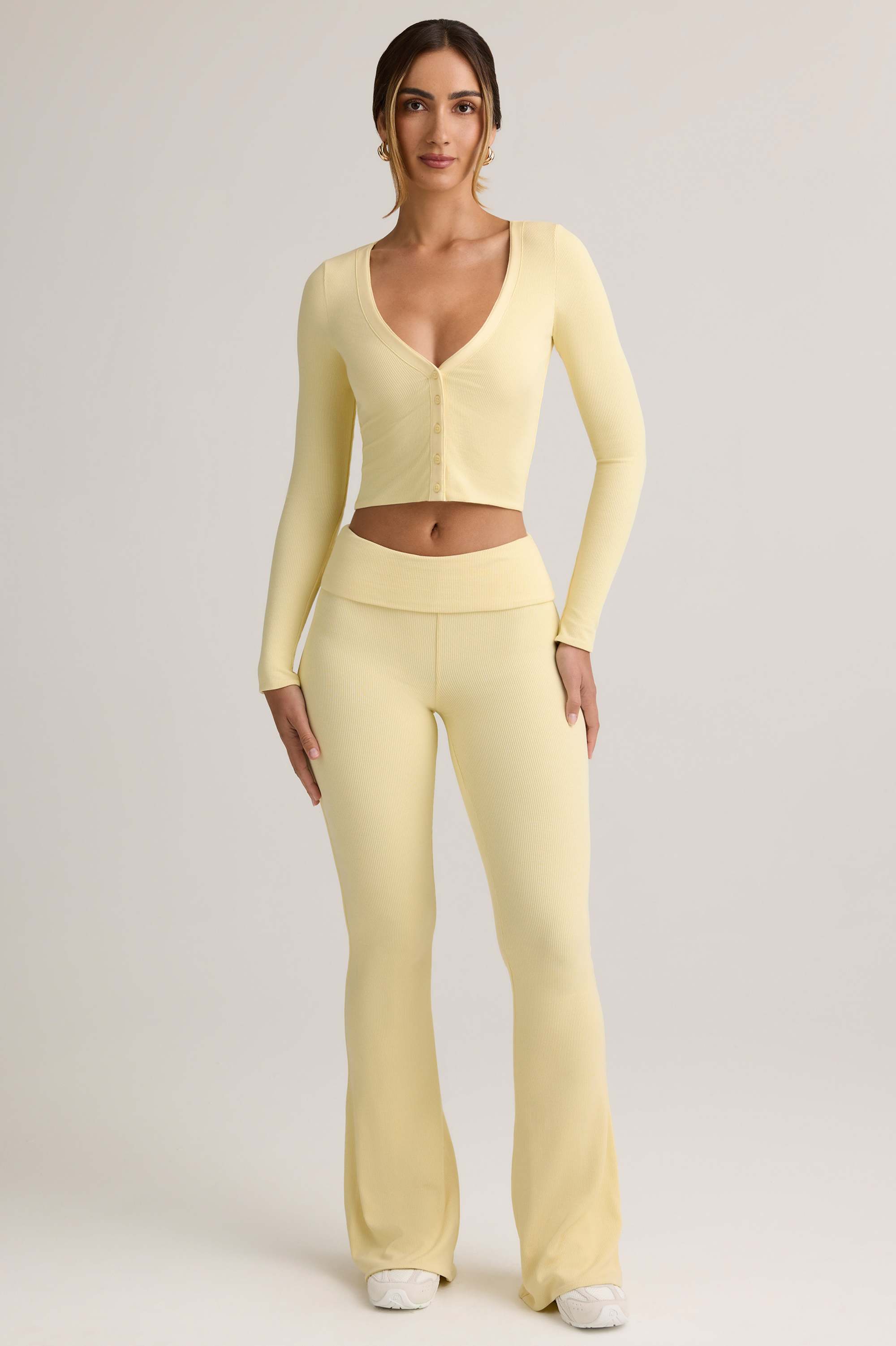 Jules-Modal Ribbed Foldover Flared Trousers in Buttercream Yellow