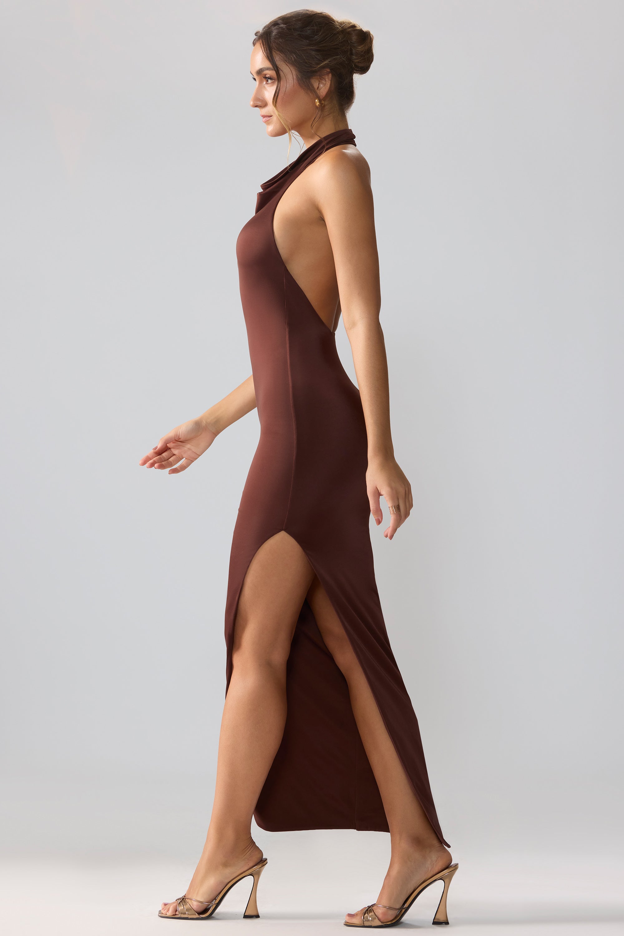 Anise-Premium Jersey Cowl Neck Backless Maxi Dress in Espresso