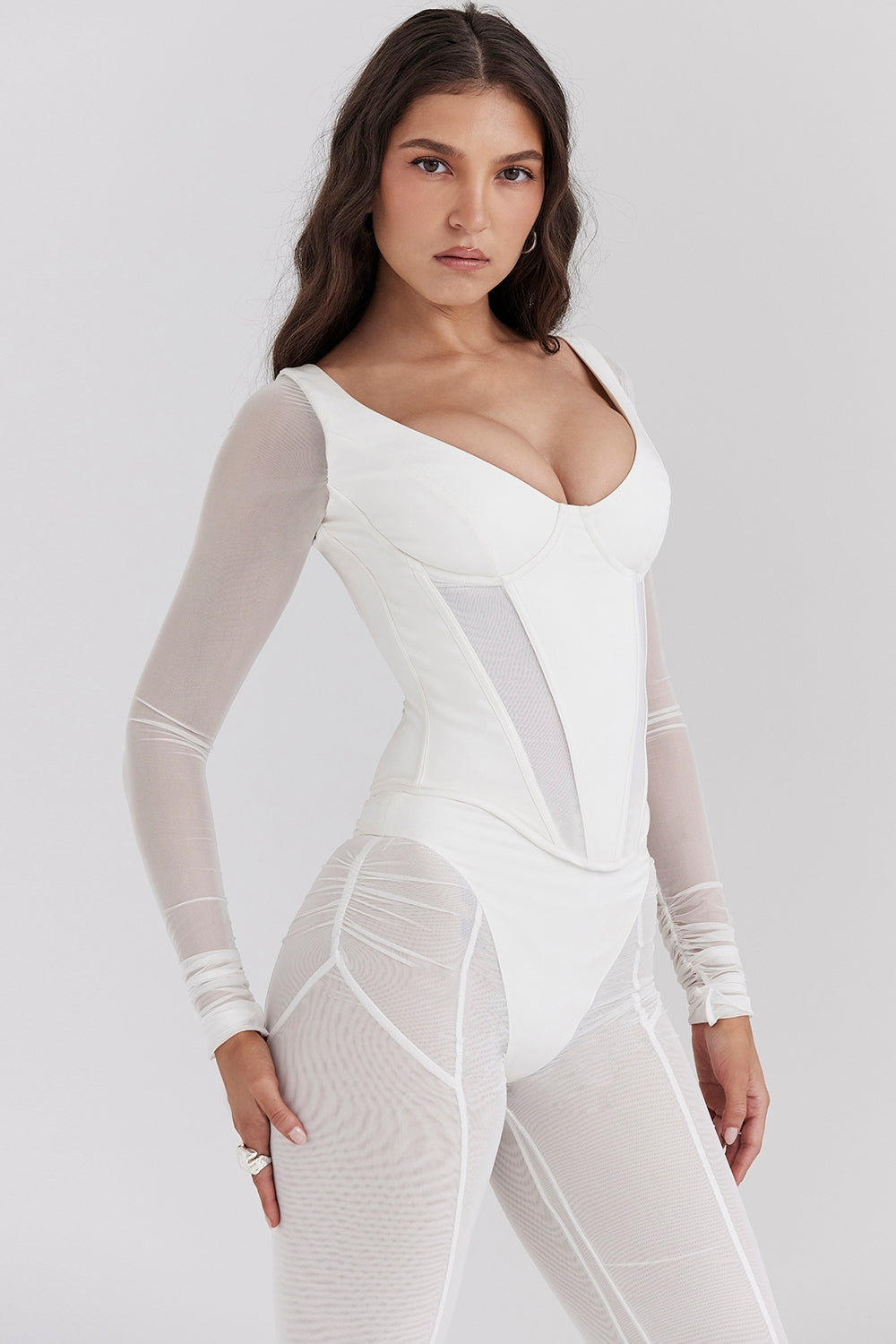 Araminta-White Long Sleeve Mesh Corset