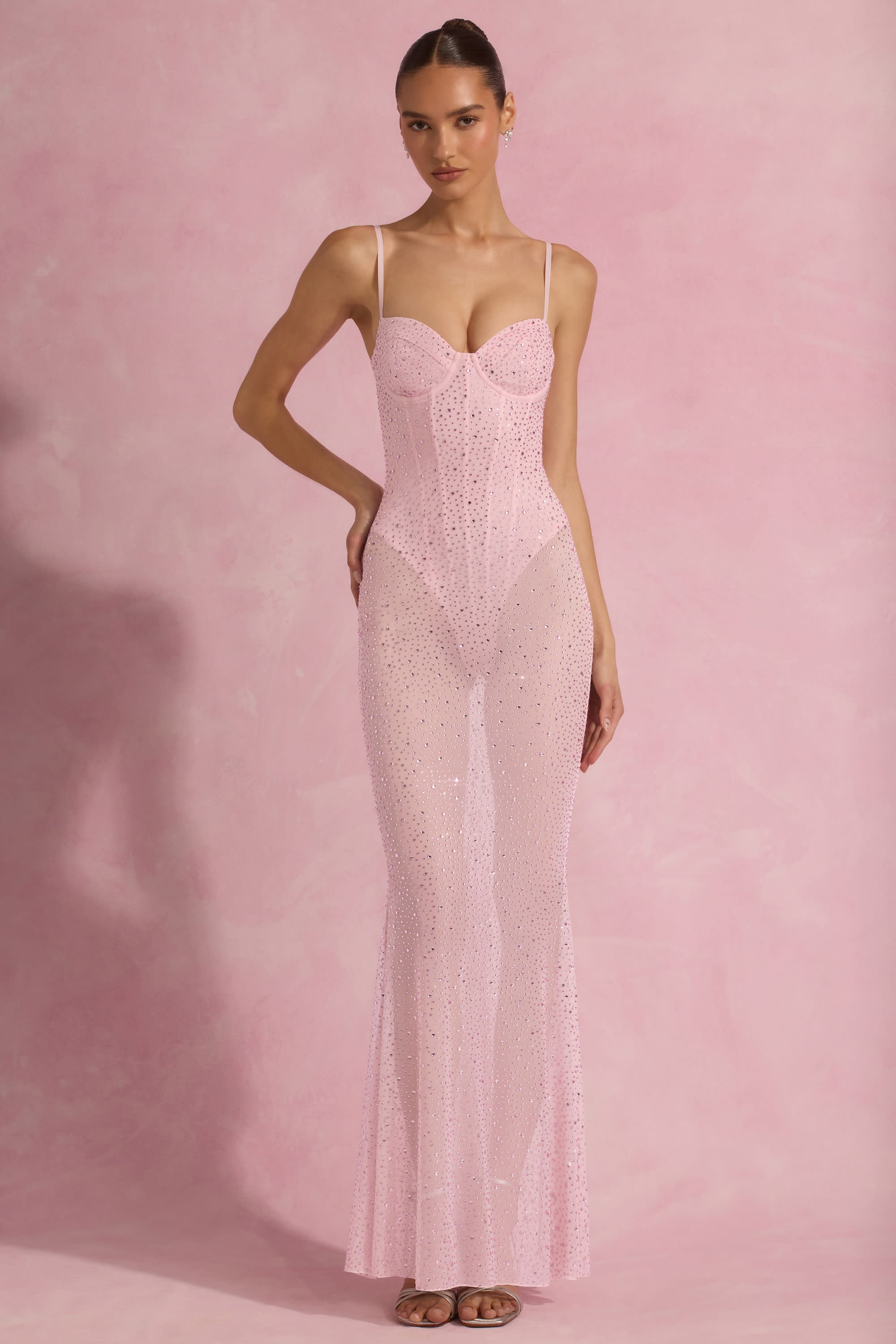 Alara-Semi-Sheer Embellished Corset Gown in Pink