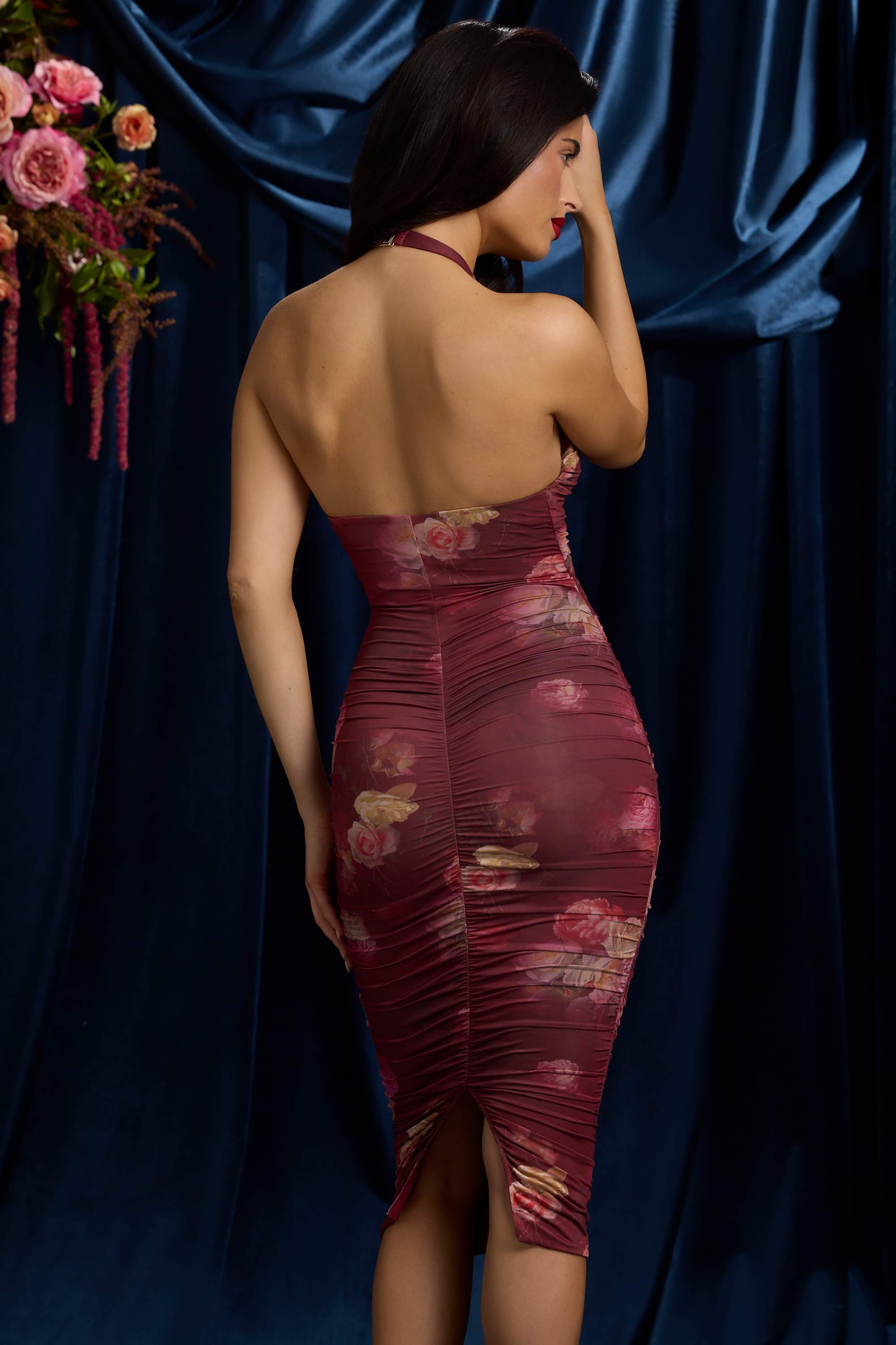Sofija-Ruched Plunge Halterneck Midi Dress in Maroon Floral Print
