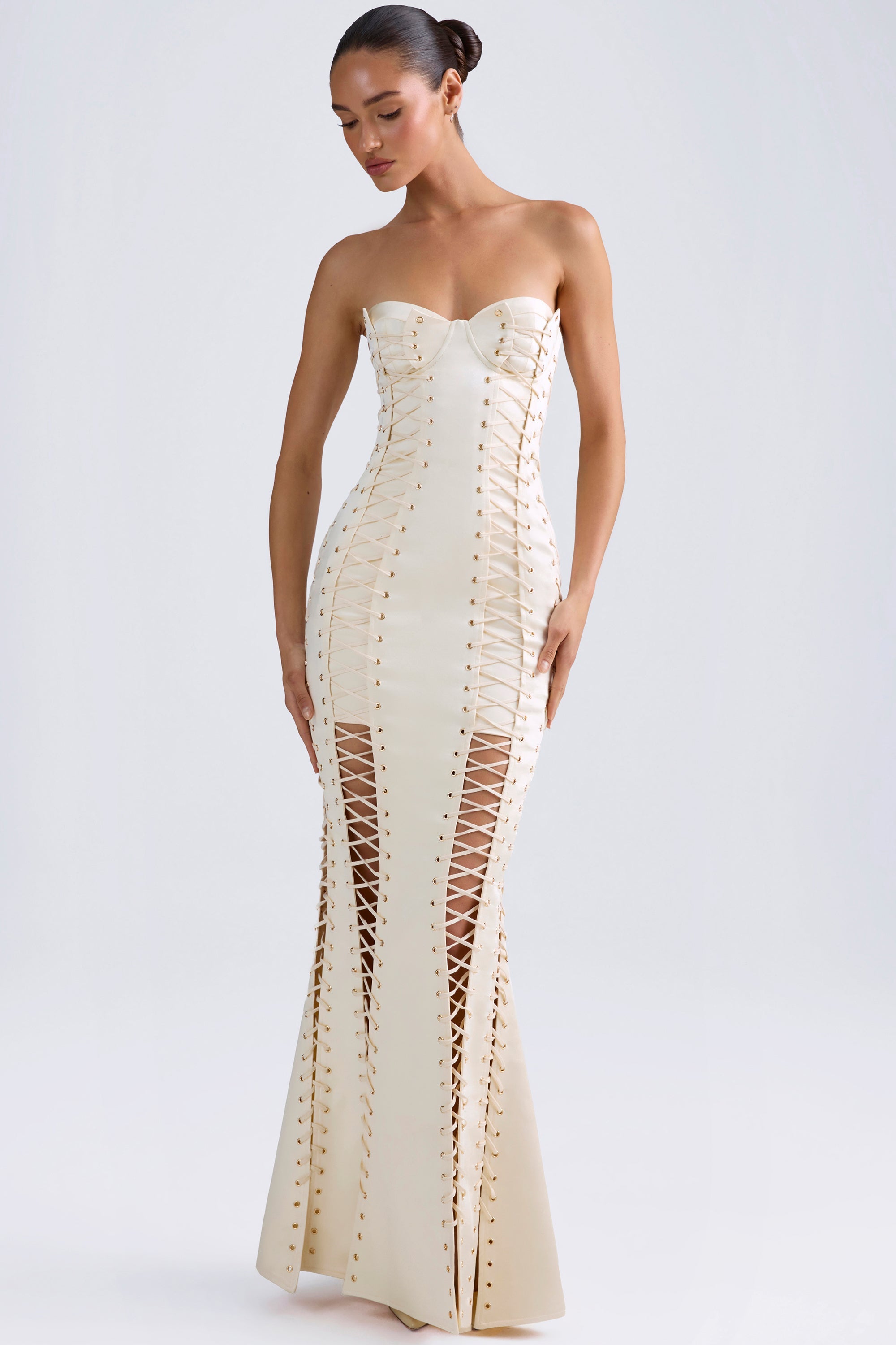 Callidora-Lace-Up Corset Gown in Ivory