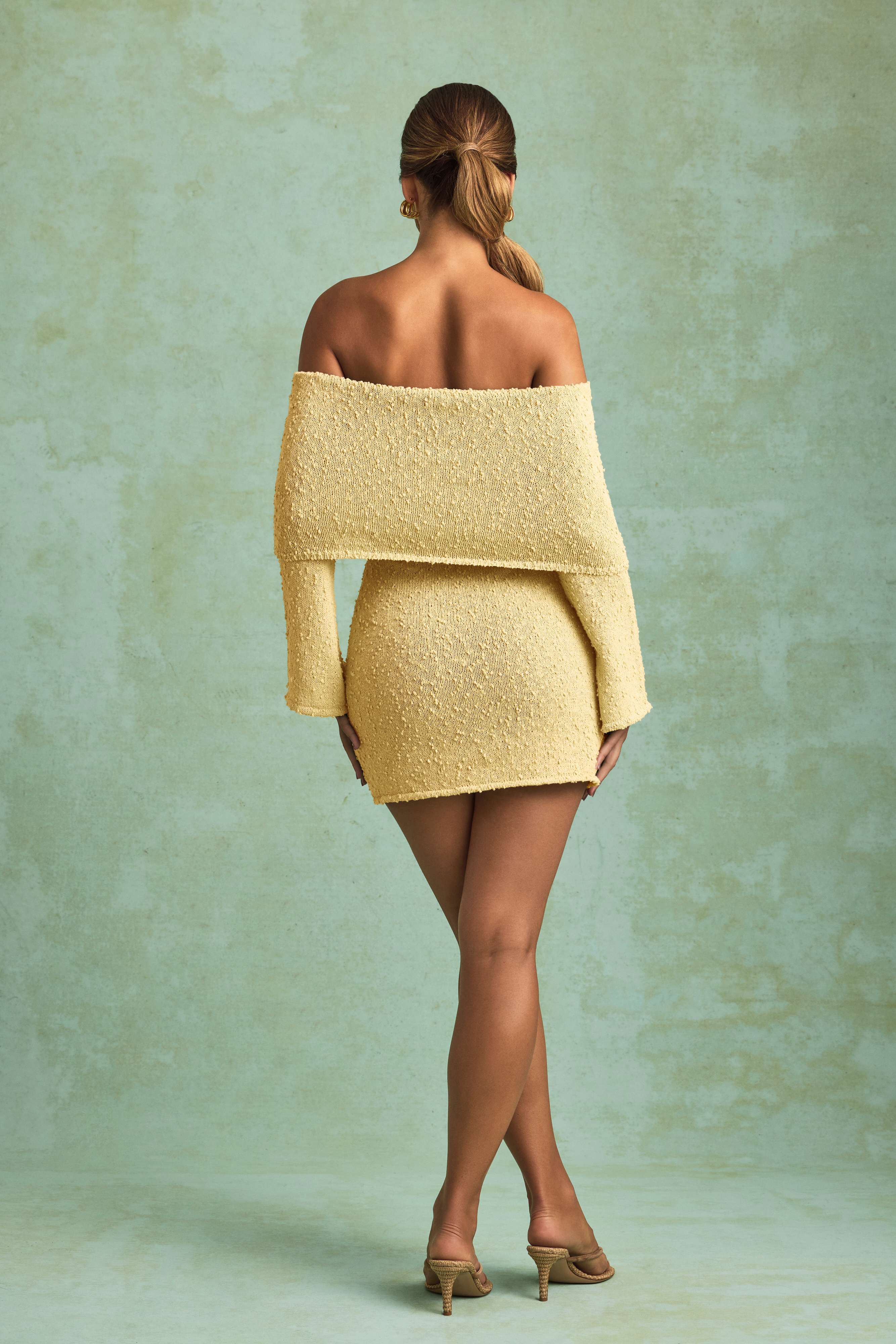 Souline-Bouclé Off-Shoulder Mini Dress in Yellow