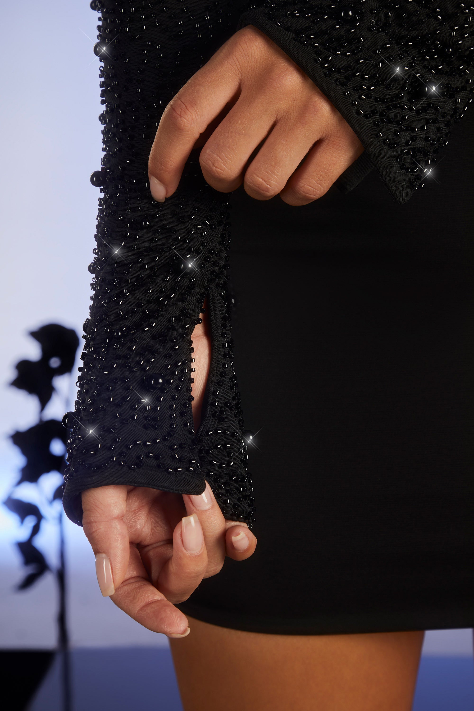 Mayfair-Embellished Long Sleeve Cut Out Mini Dress in Black