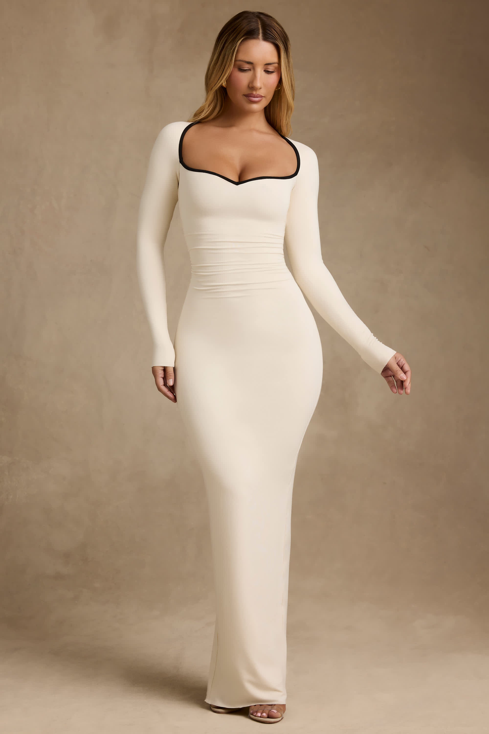 Ginette-Modal Contrast-Trim Maxi Dress in Ivory