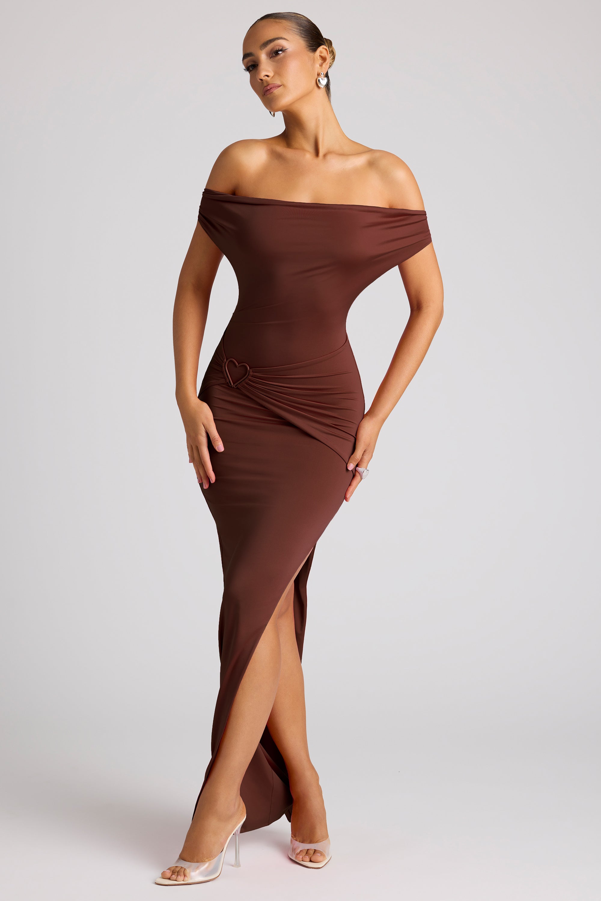 Ravenna-Multiwear Cowl Neck Wrap Over Evening Gown in Chocolate Brown