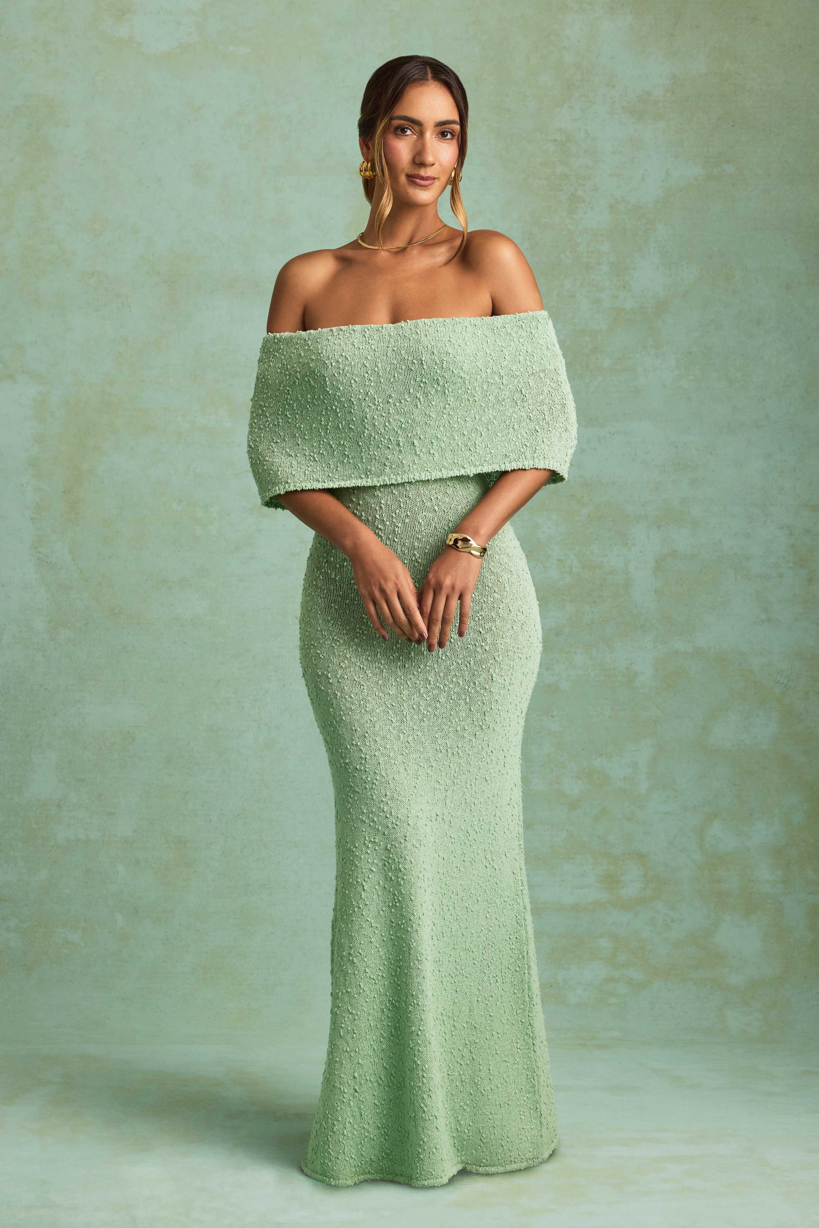 Naia-Bouclé Off-Shoulder Maxi Dress in Mint