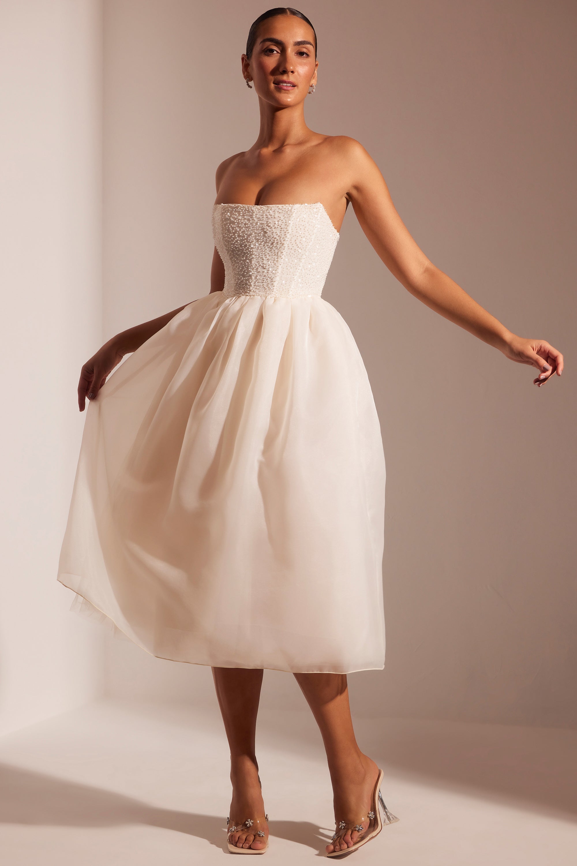 Rosette-Embellished Corset Tulle Skirt Midi Dress in Ivory