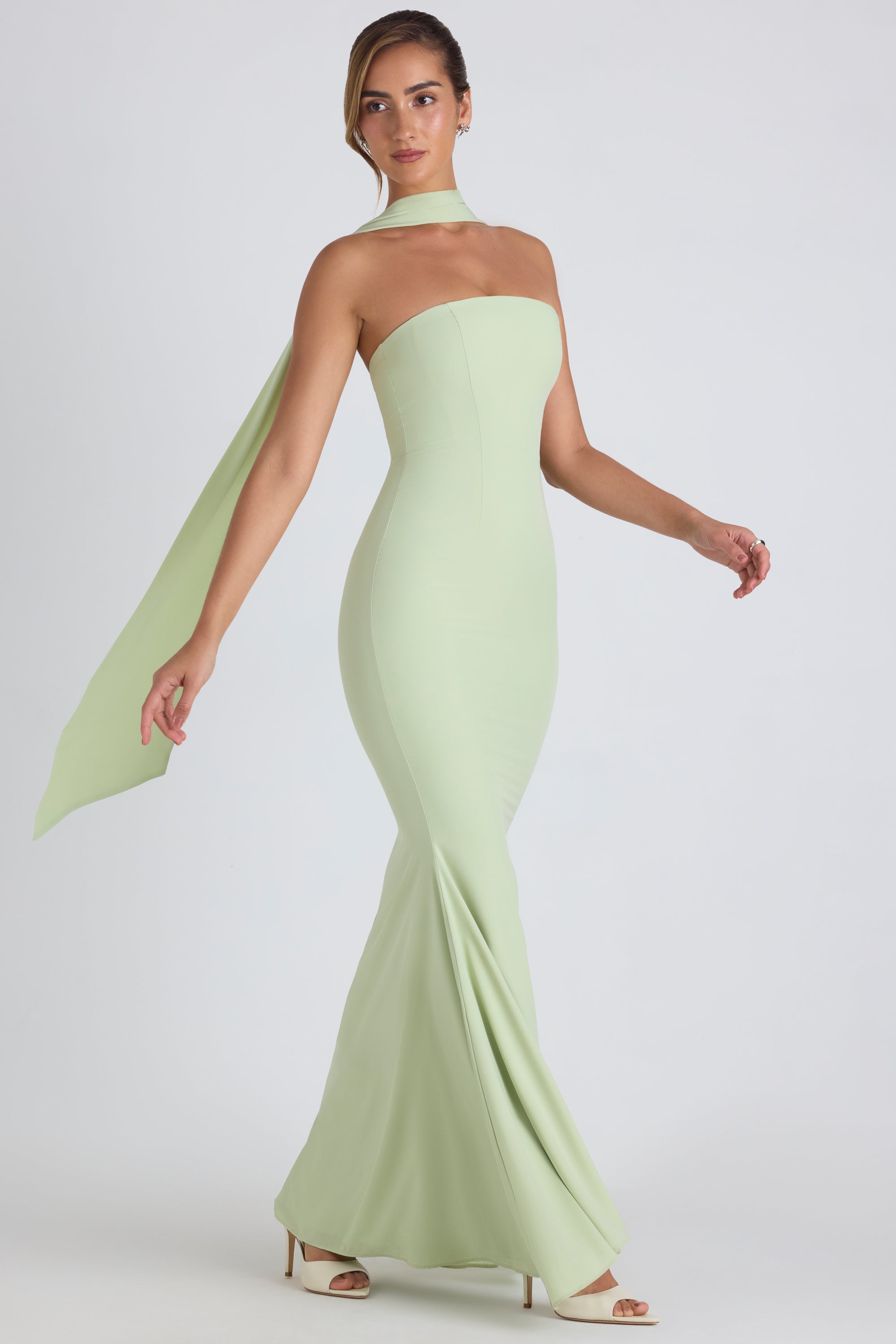 Imogene-Scarf-Detail Strapless Gown in Spring Green