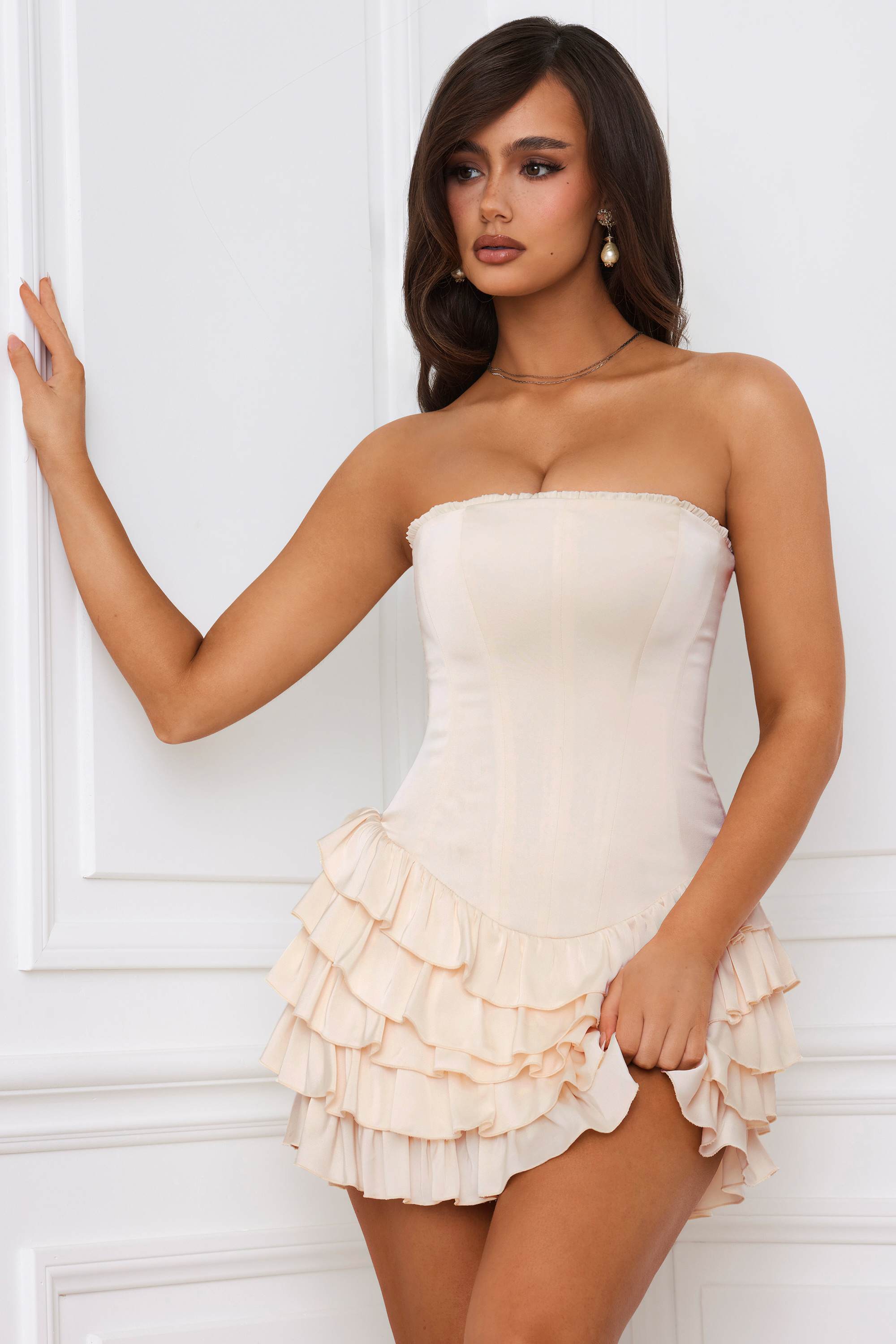 Juliet-Bandeau Ruffled Tiered Corset Mini Dress in Ivory