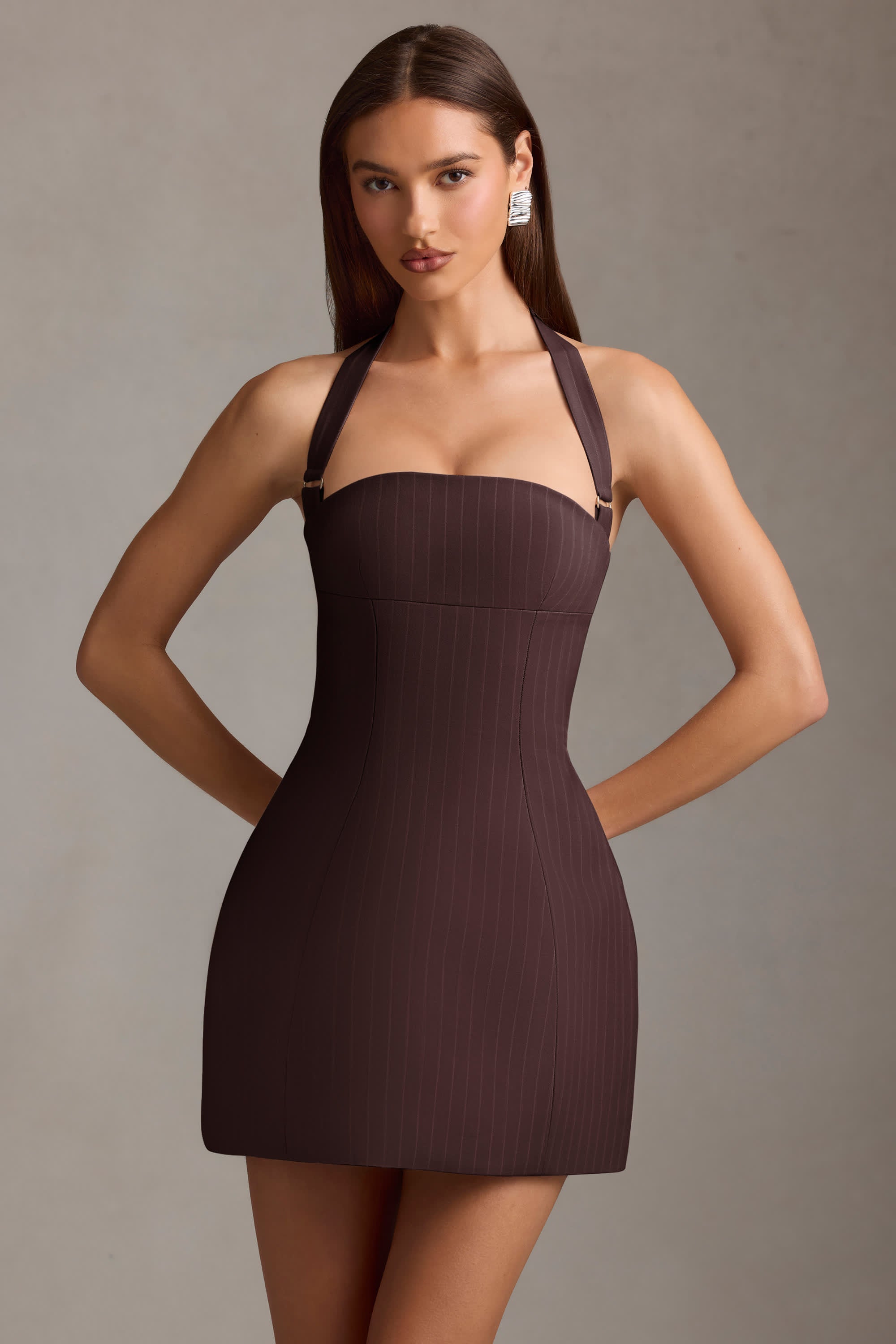 Odessa-Pinstripe Halterneck Structured A-Line Mini Dress in Chocolate Brown