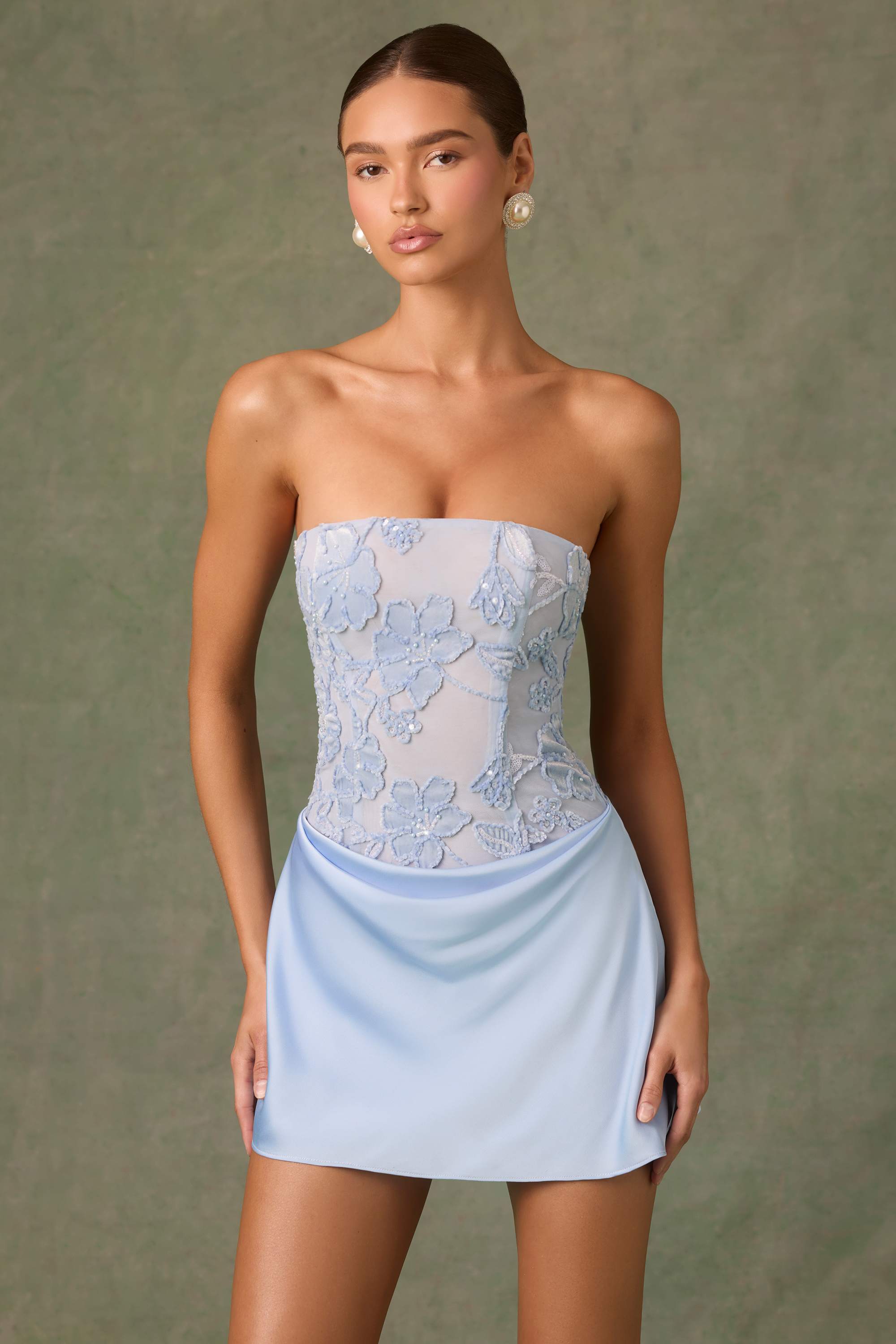 Eden-Embellished Draped Strapless A-Line Mini Dress in Sky Blue