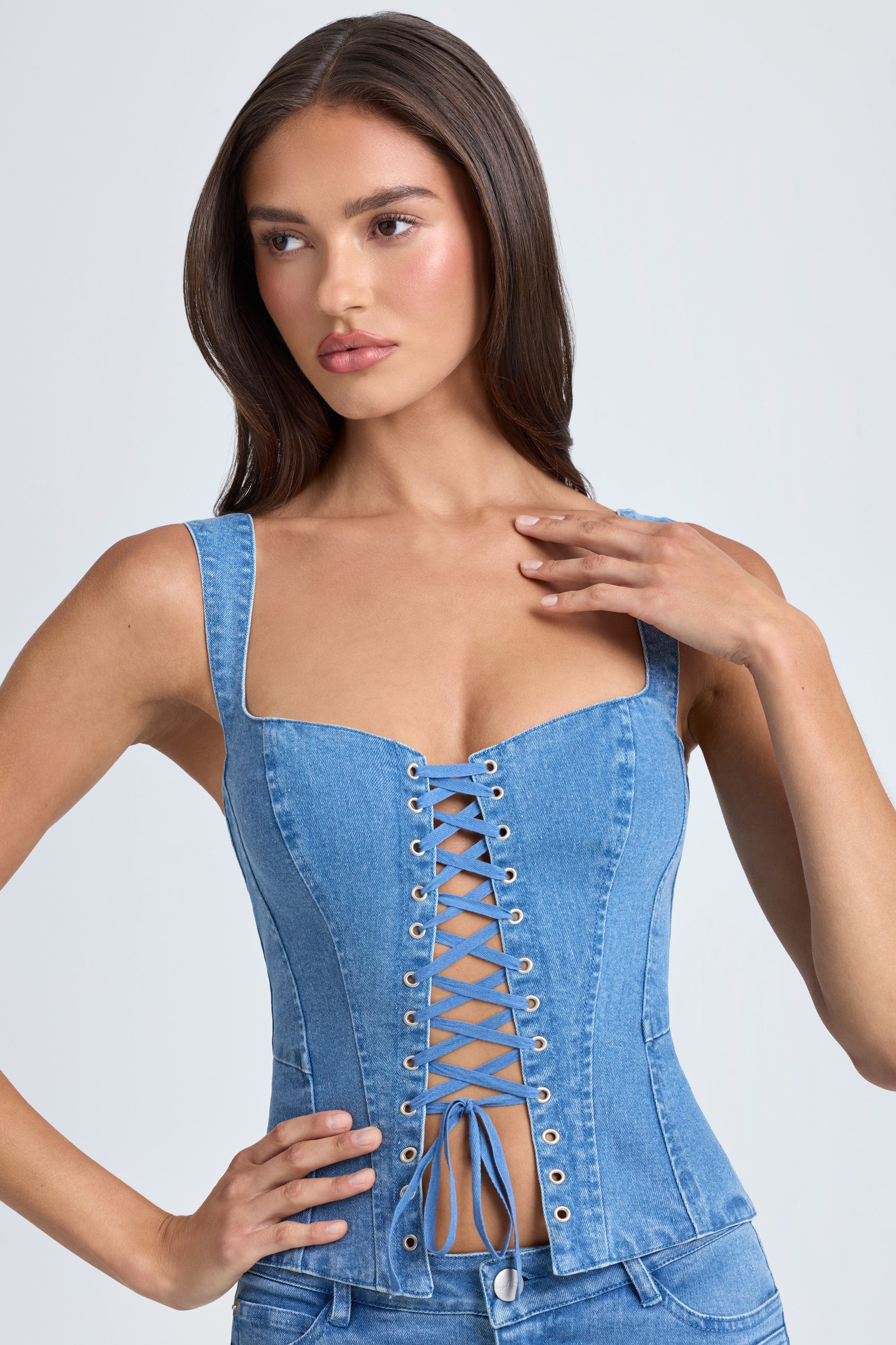 Danna-Lace-Up Corset Top in Mid Blue Stonewash
