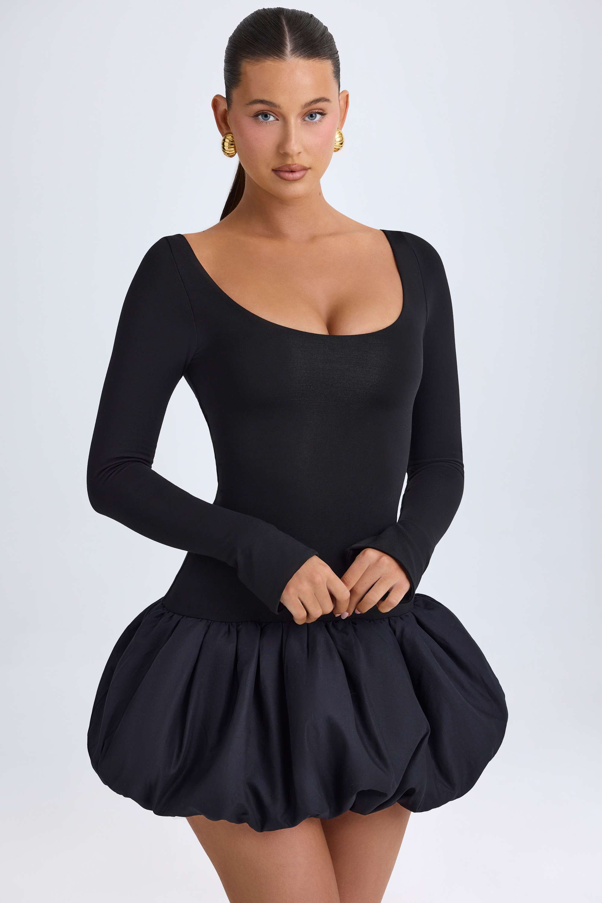 Delphi-Scoop-Neck Drop-Waist Bubble Hem Mini Dress in Black