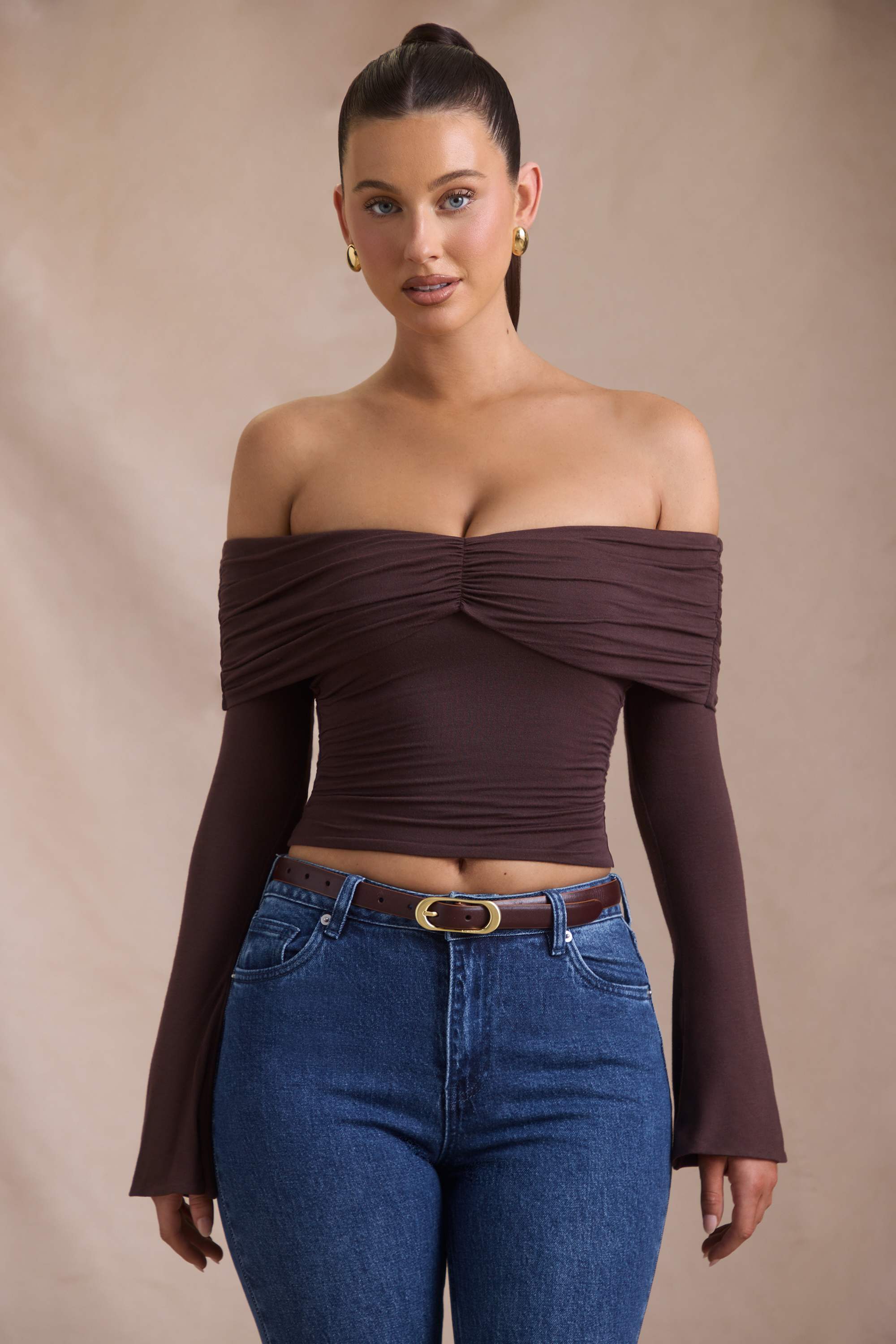 Pavni-Modal-Cashmere Blend Off-Shoulder Ruched Top in Espresso