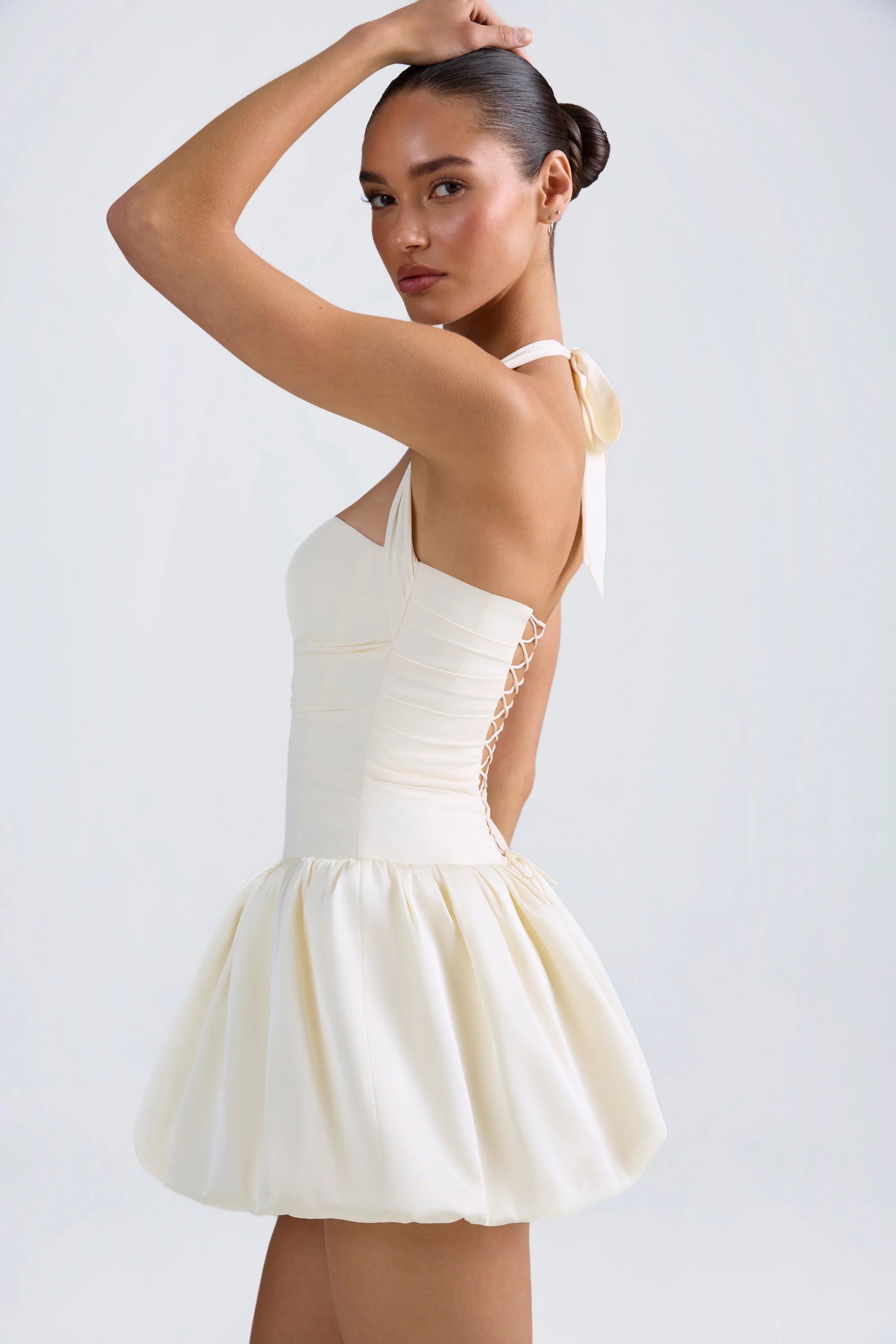 Ludmila-Halterneck Lace-Up Bubble Hem Corset Micro Mini Dress in Ivory