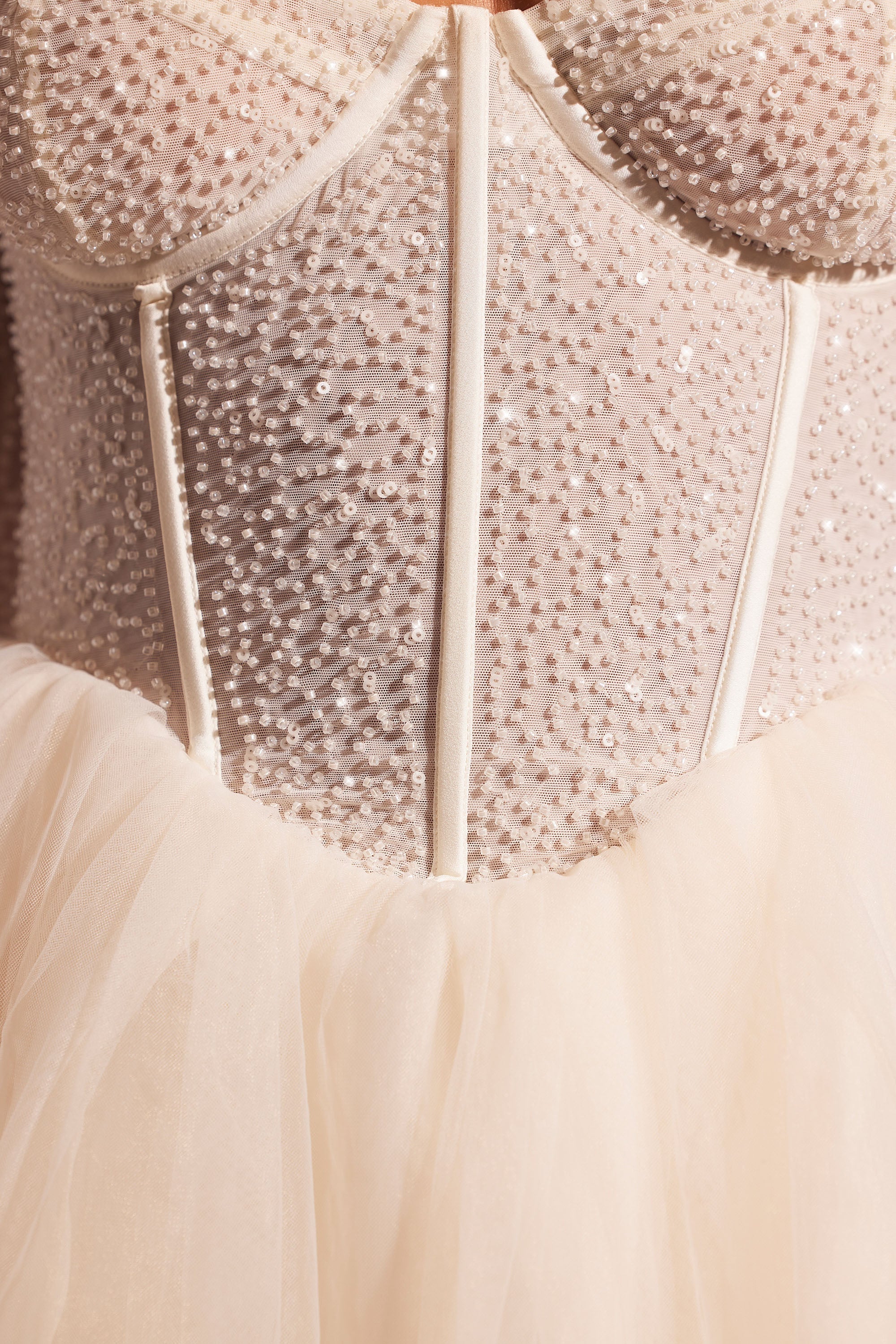 Calliope-Embellished Long Sleeve Tulle Skirt Mini Dress in Ivory