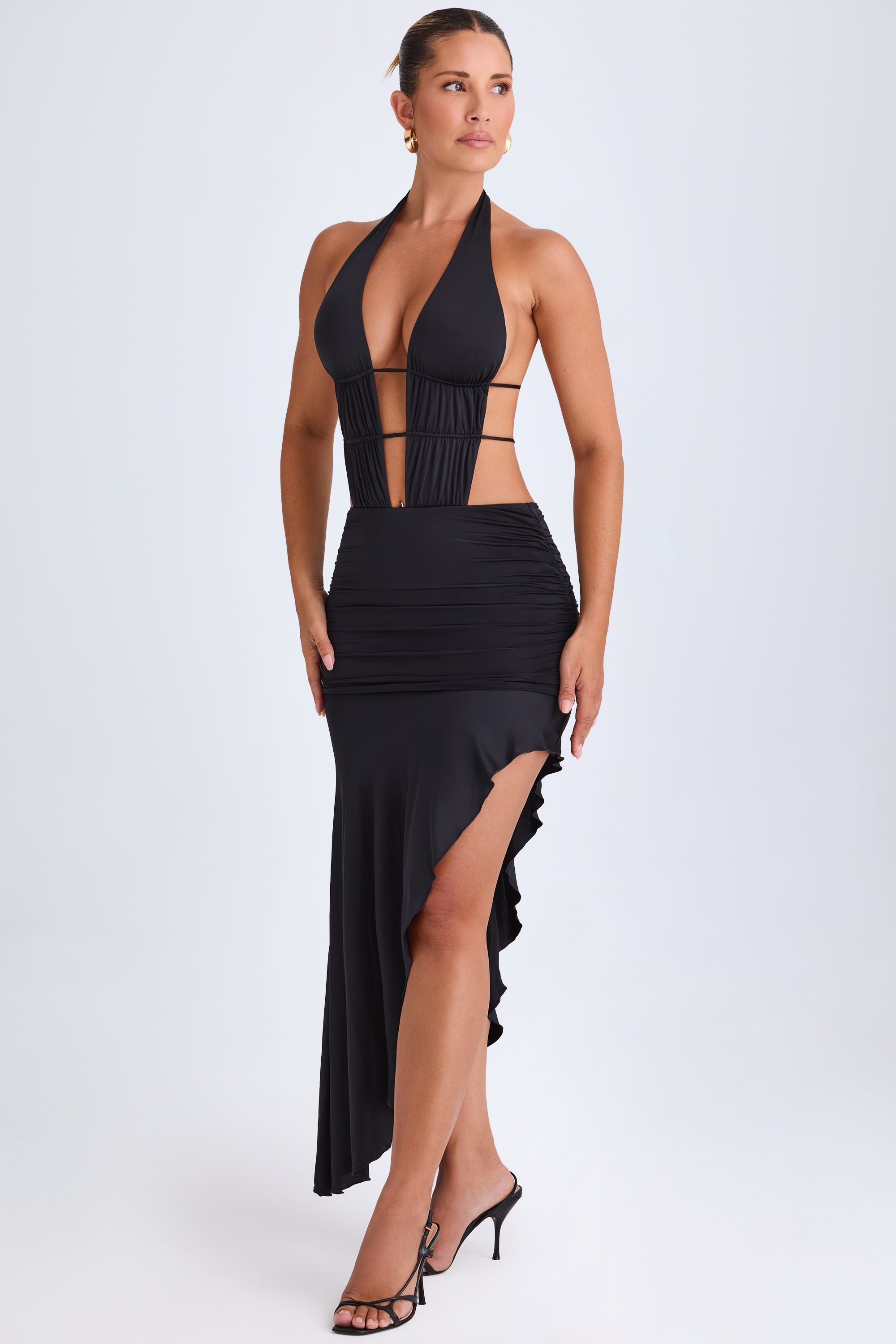 Manami-Asymmetric Cut-Out Halterneck Midaxi Dress in Black