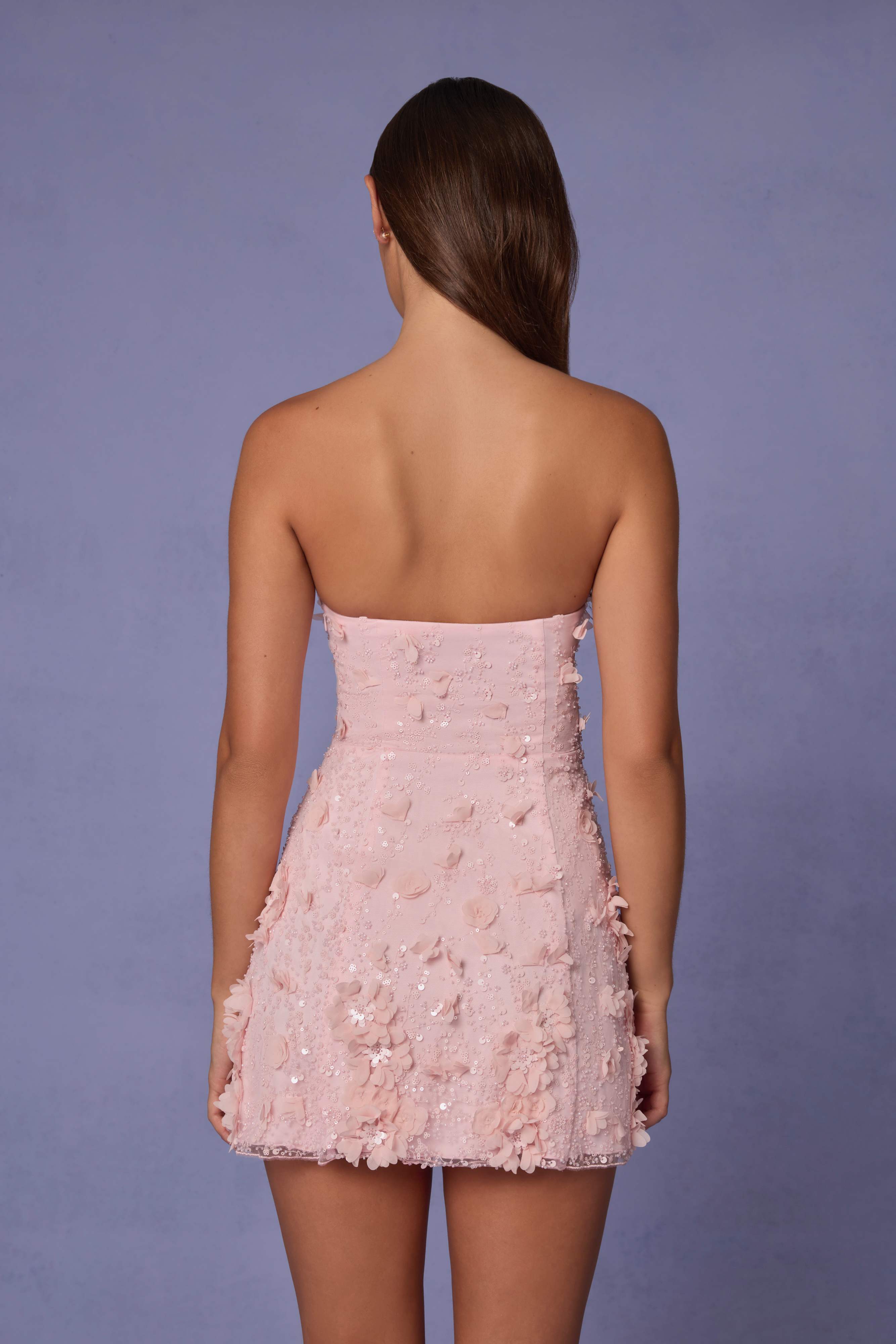 Edita-Embellished Bandeau A-line Mini Dress in Ballet Pink