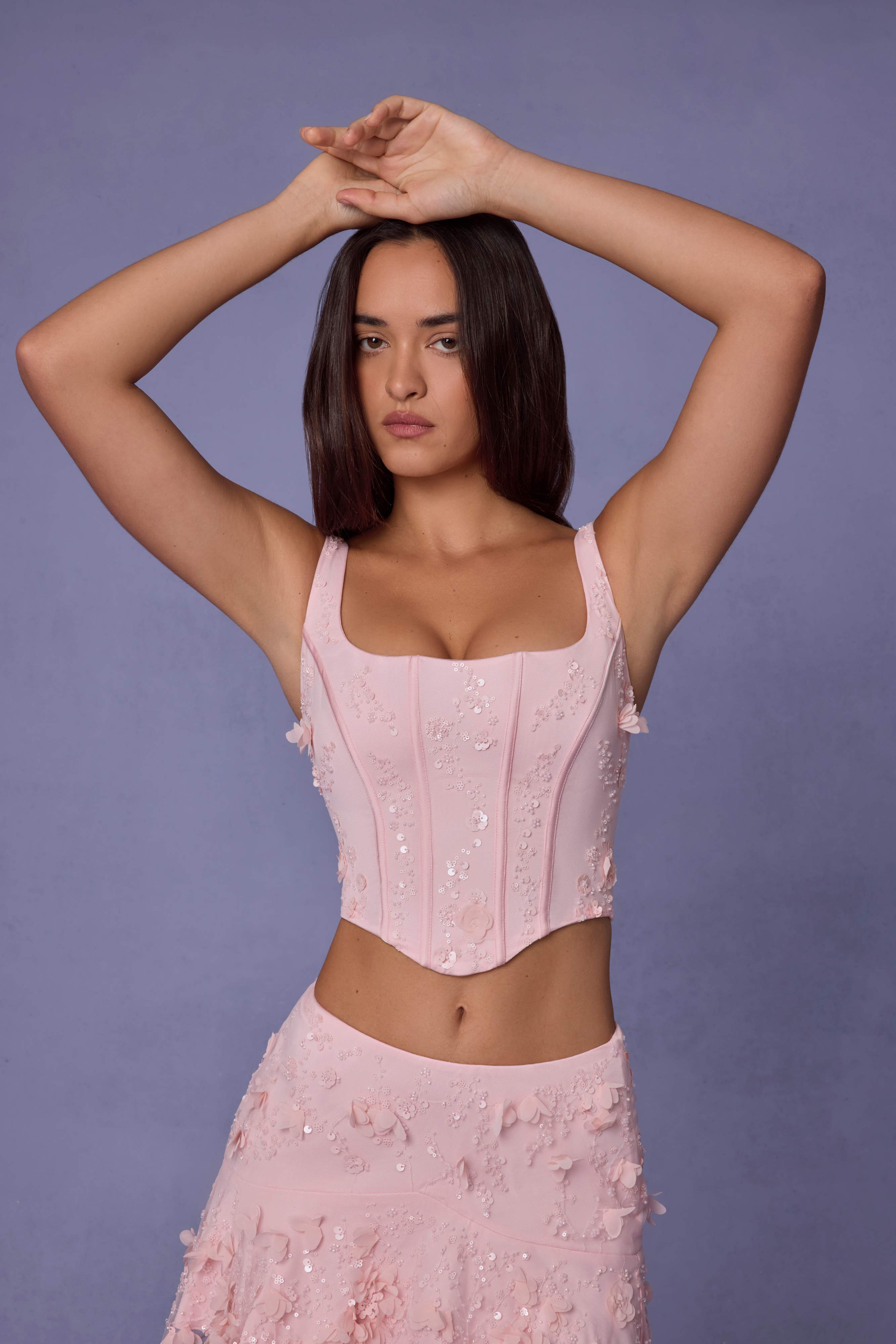 Letitia-Embellished Lace-Up Corset Top in Soft Pink