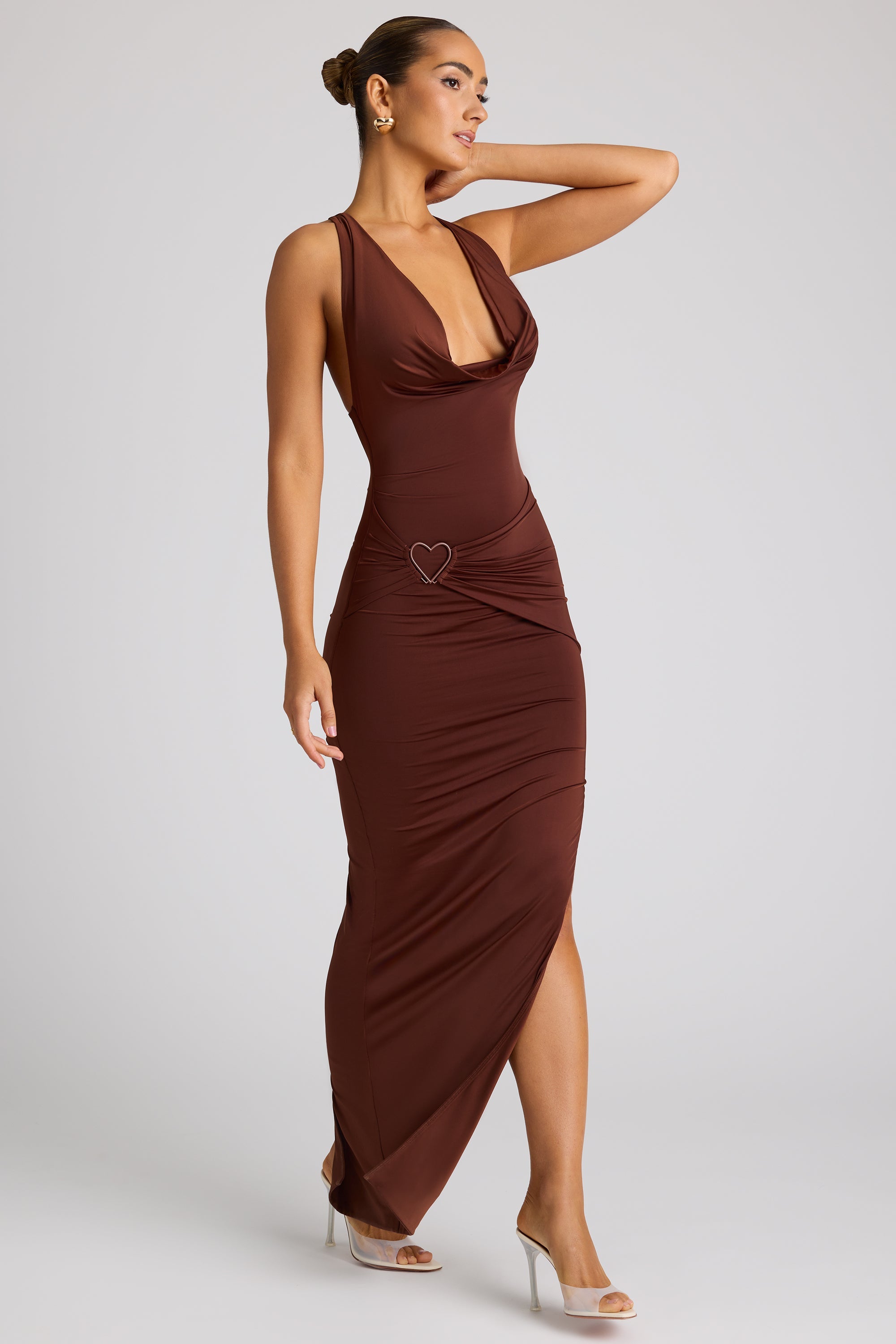 Ravenna-Multiwear Cowl Neck Wrap Over Evening Gown in Chocolate Brown