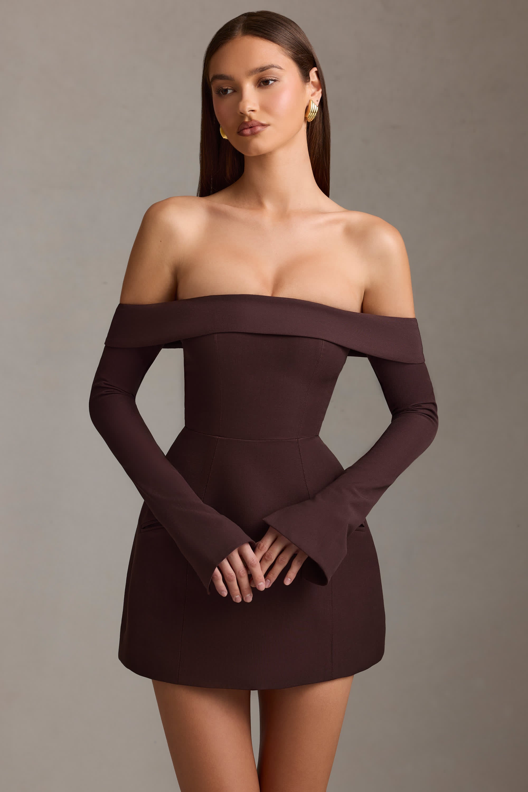 Seraphina-Off-Shoulder Structured A-Line Mini Dress in Chocolate Brown