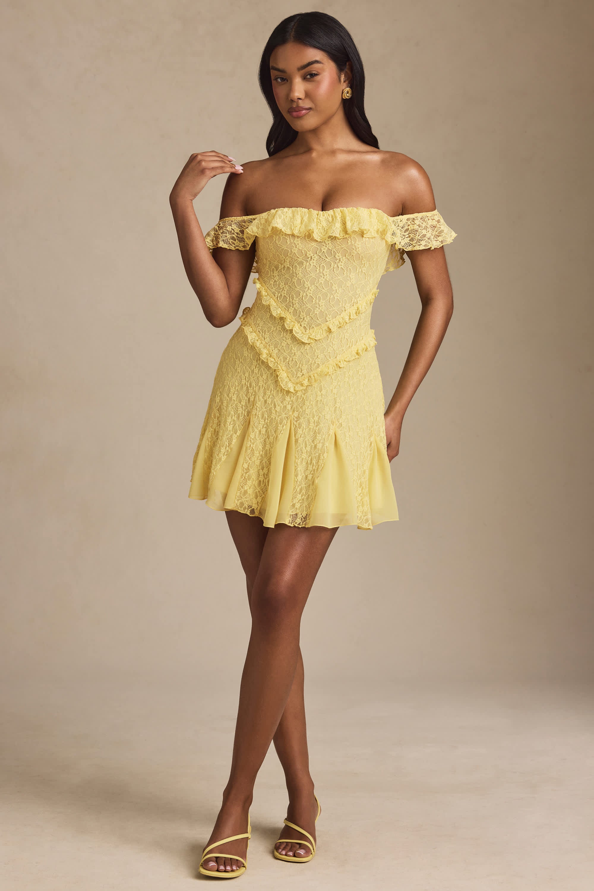 Nahida-Off-Shoulder Lace A-Line Mini Dress in Pastel Yellow