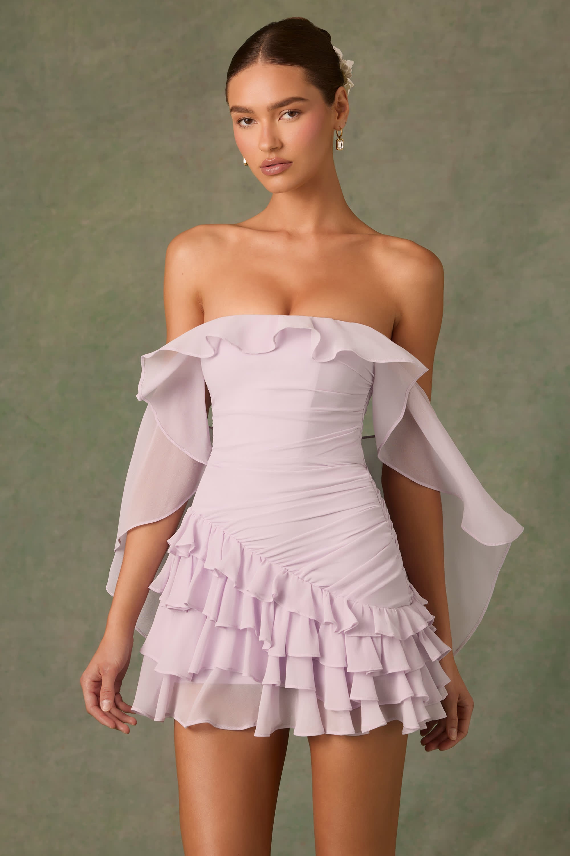 Birdie-Off-Shoulder Ruffled Mini Dress in Lilac